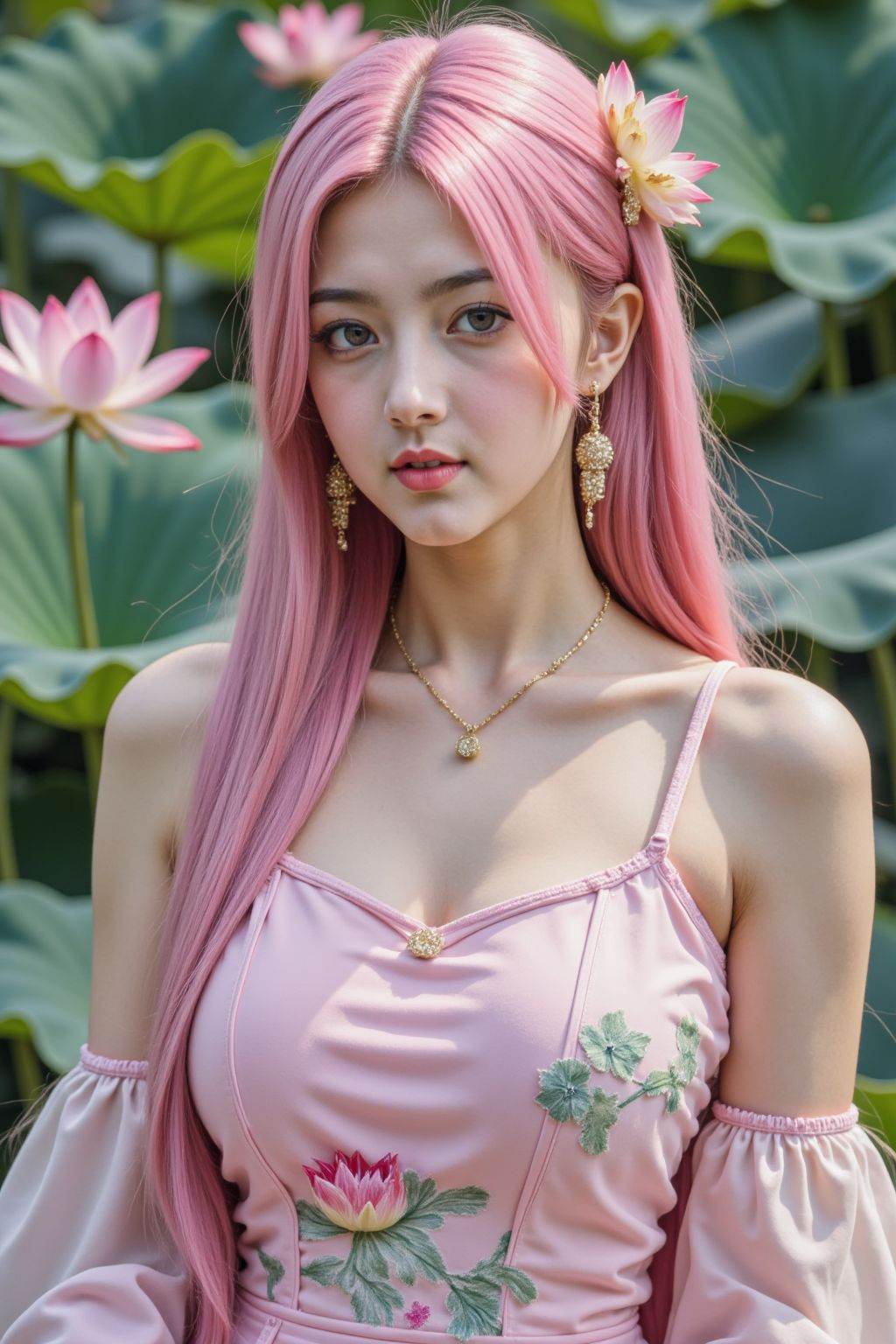 teenage girl, jewelry, lotus, solo, flower, long hair, hair ornament, dress, full body, earrings, pink hair, flower paint, large breasts,