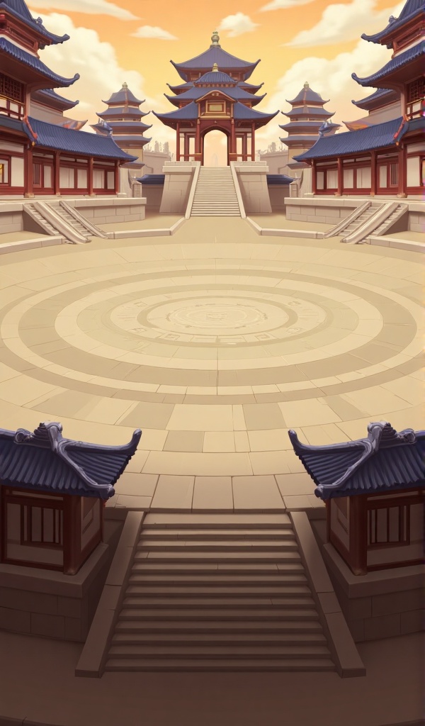 SBCJ3,At the center of the scene is a circular area surrounded by traditional pavilion buildings,exuding a solemn and elegant atmosphere. The sky in the background presents a warm tone.,