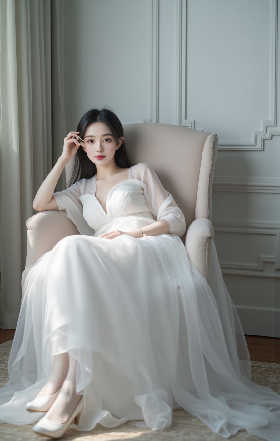 Instagram Filter, a Chinese beauty with long black hair, wearing white stockings and high heels lying on a chair in her wedding dress. The room is grey with sunlight coming through. She has one leg up against her head, holding onto her key and sitting on top of it, highly detailed, ultra-high resolutions, 32K UHD, best quality, masterpiece <lora:女生(3):1>