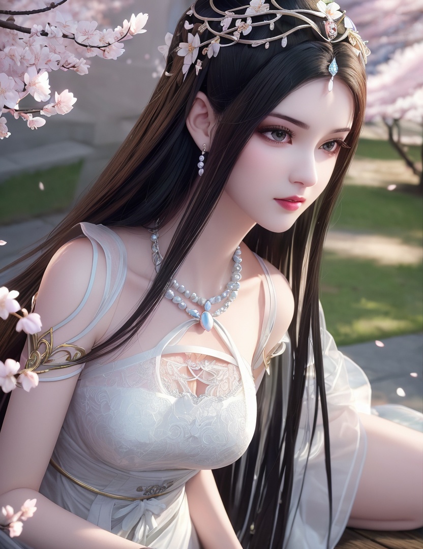 ultra realistic 8k cg, picture-perfect face, flawless, clean, masterpiece, professional artwork, famous artwork, cinematic lighting, cinematic bloom, perfect face, beautiful face, fantasy, dreamlike, unreal, science fiction,   lace, lace trim, lace-trimmed legwear,  (rich:1.4), prestige, luxury, jewelry, diamond, gold, pearl, gem, sapphire, ruby, emerald, intricate detail, delicate pattern, charming, alluring, seductive, erotic, enchanting, hair ornament, necklace, earrings, bracelet, armlet,halo((,1girl, pov,))  , ((((1girl, solo, ,cherry blossoms,outdoors, ))))<lora:DA_LinQingZhu:0.6>