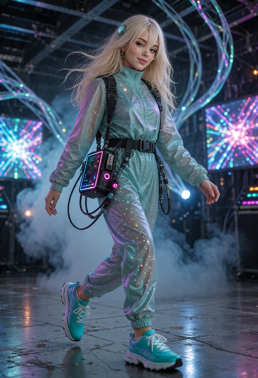 AureliaX,  long pale platinum-blonde hair with wispy curtain bangs and soft loose waves. "Aria,  25-year-old woman on Tens...