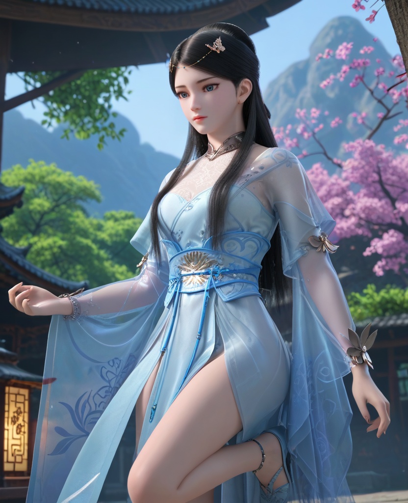 (oriental architecture, elegant decor, sophisticated style:1.1),(Leaning on a wall with one leg bent, looking contemplative:1.1),(breasts:1.2),<lora:XL16墓王之王寒千落:0.95>,miss hanqianluo,spale blue dress,see-through,blue eyes,black hair,long hair,hair ornament,hanging hair,sash,wrist cuffs,pelvic curtain,, score_9,score_8_up,score_7_up,score_6_up,score_5_up,score_4_up,3d rendering,tag1,tag2, Cinematic Lighting,backlighting,