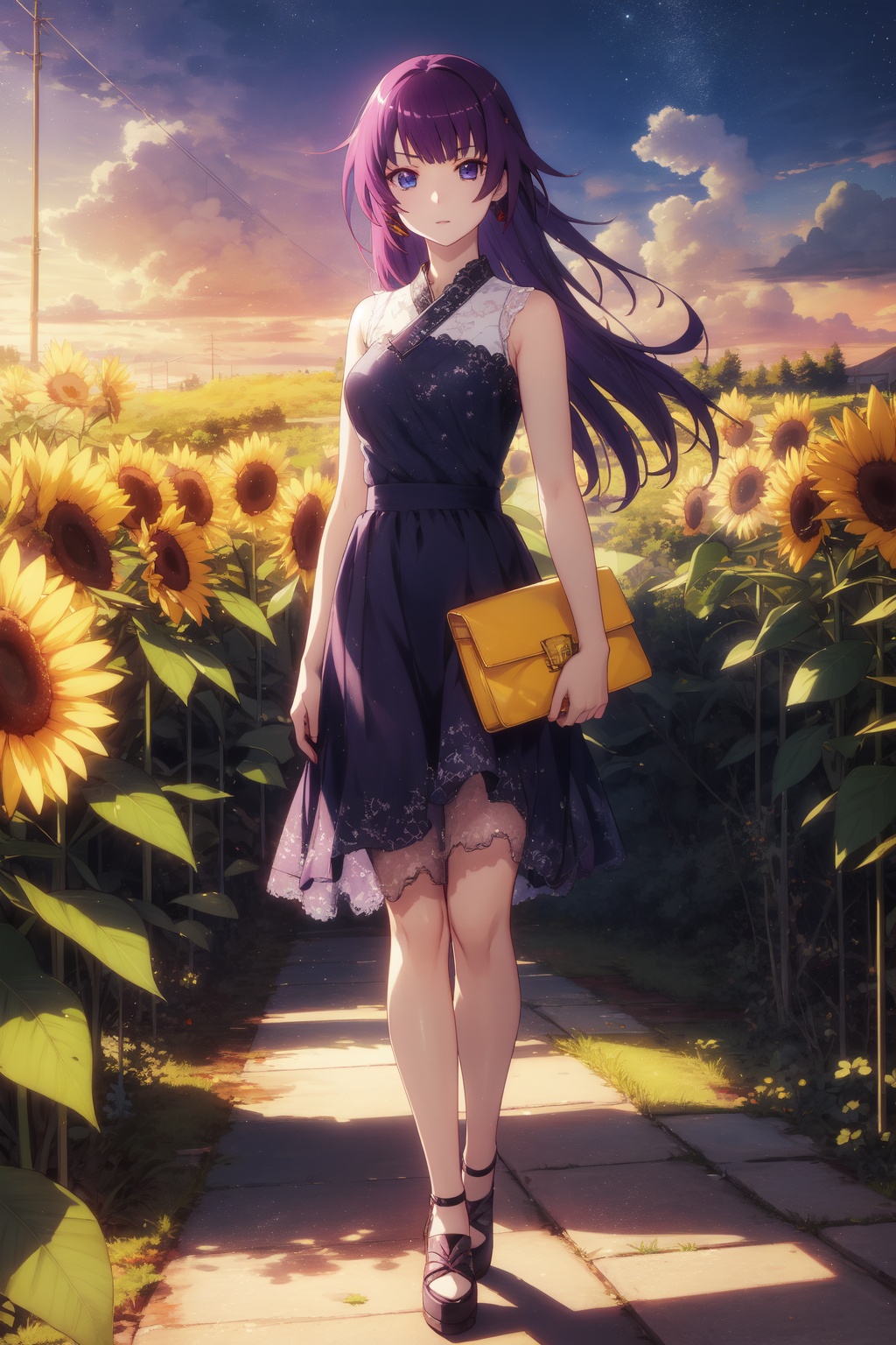 <lora:Hitagi-000008:0.8>,Hitagi CYQL,1girl,looking at viewer,solo,long hair,purple hair,blue eyes,sequined dress with strappy heels and a statement clutch. printed skirt with a simple top, heels, and statement earrings.,Angry, tightened jaw, squinted eyes, and raised eyebrows.,panorama,beautiful face,beautiful eyes,glossy skin,shiny skin,Sunflowers, Field, Dawn, Golden petals, Bees, Sunlight, Horizon, Harvest,(Rose bushes, Golden sunlight, Evening glow, Rose petals, Garden sanctuary, English charm:0.6),beautiful detailed sky,beautiful detailed glow,masterpiece,best quality,beautiful and aesthetic,wallpaper,