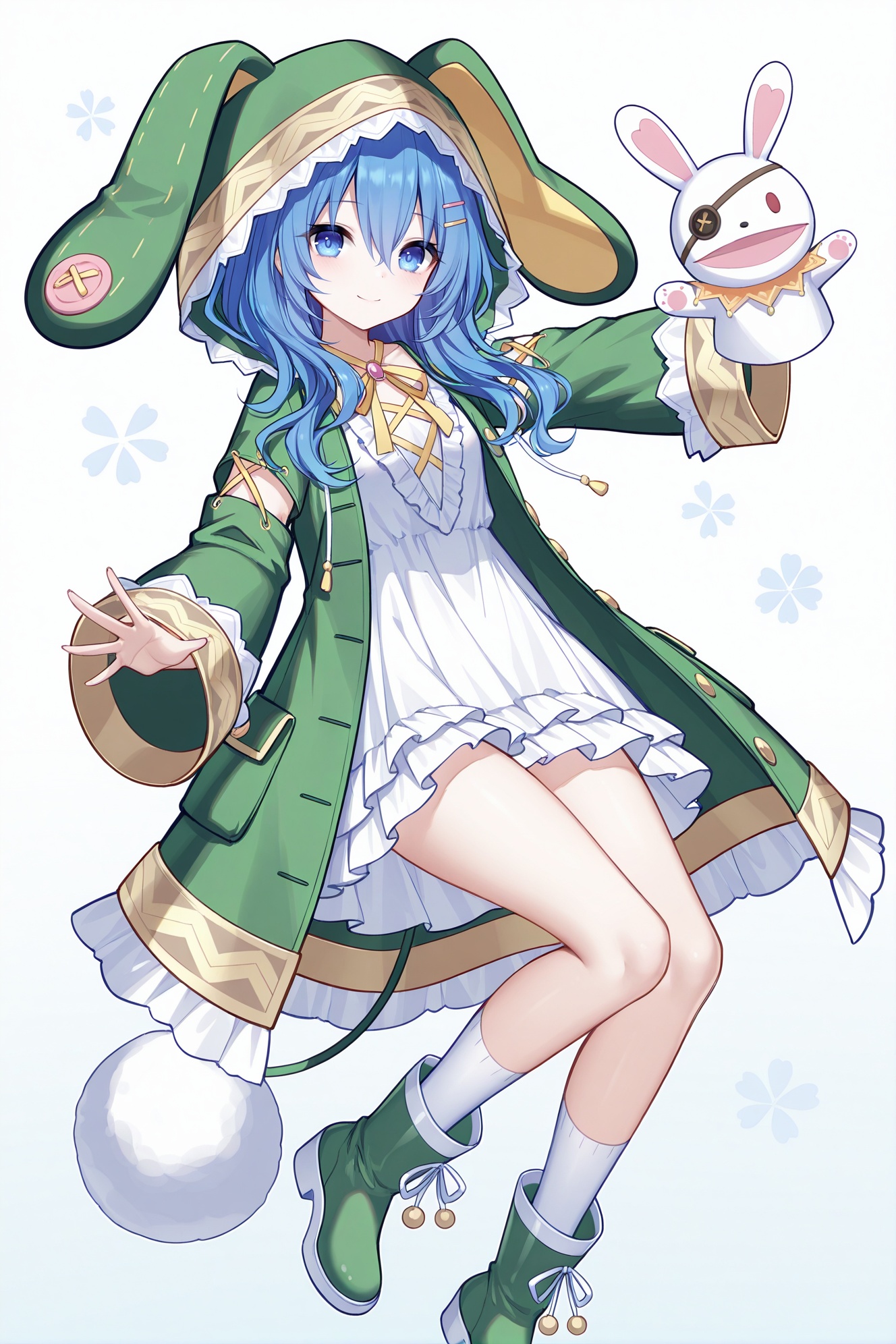 masterpiece, best quality, newest, absurdres, highres,(quan \(kurisu tina\):0.6, ),(rimuu:0.5),(mignon:0.5),(sheya:0.5)  himekawa yoshino(serei), 1girl, blue hair, blue eyes, long hair,  hairclip, coat,hood up,hand puppet,green footwear, smile,outstretched arm, <lora:YoshinoXLNAI:1>