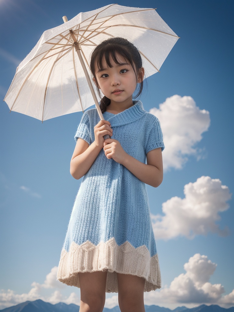 A little Chinese girl holds a paper umbrella in her hand and stands next to the ice bag,  with a blue sky and white clouds...