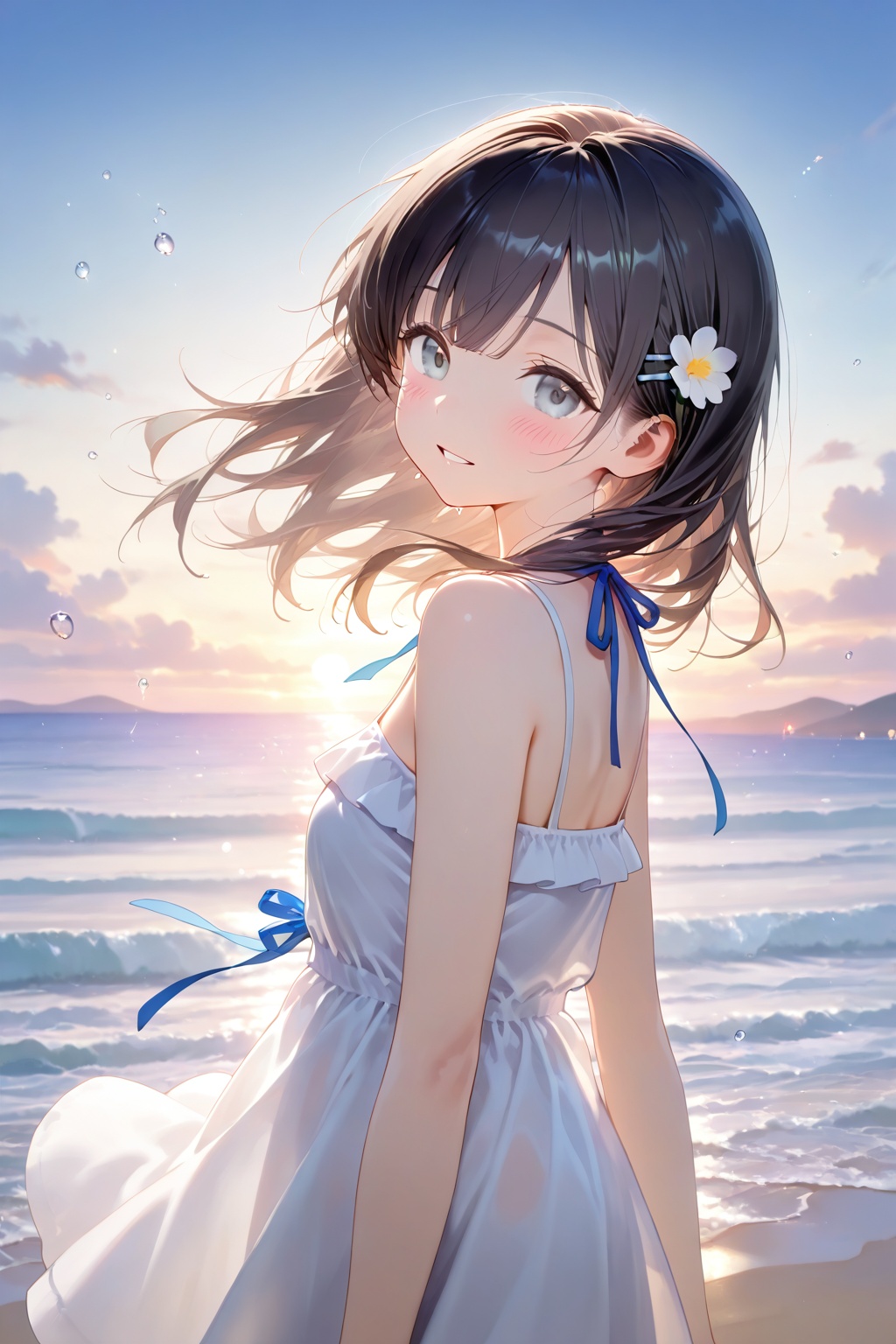 1girl,solo,dress,outdoors,black hair,looking at viewer,hair ornament,white dress,ocean,sky,flower,blush,blue sky,day,hair flower,water,waves,parted lips,water drop,bare shoulders,upper body,floating hair,smile,beach,ribbon,from side,medium hair,blue eyes,frilled dress,wind,white flower,hairclip,sundress,grey eyes,looking back,frills,blue ribbon,looking to the side,sleeveless dress,long hair,horizon,cloud,