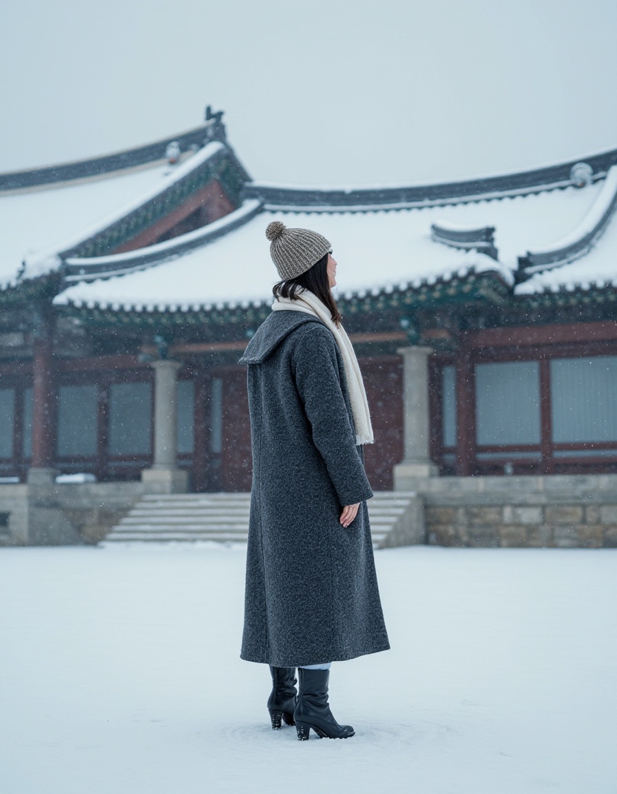a woman standing in front of a building in the snow with a coat on and a hat on her head, An Gyeon, snow, a statue, aestheticism