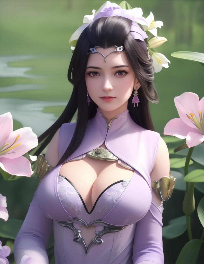 <lora:529-DA-诛仙-幽姨:0.8>(,1girl, ,best quality, ),looking at viewer,  ,ultra detailed 8k cg,ultra detailed background,ultra realistic 8k cg,1girl, solo,(bare shoulders:0.85),(masterpiece, best quality),((oil painting style)),sexy young lady,(beautiful face and eyes),(upper body:1.5),(whole body:1.05),(single person:1.2),surrounded by flowers, (lily), roses, floret, vegetation, white, purple, purplish pink,Impressionism,colorful,(Breast size:1.3),(cleavage),