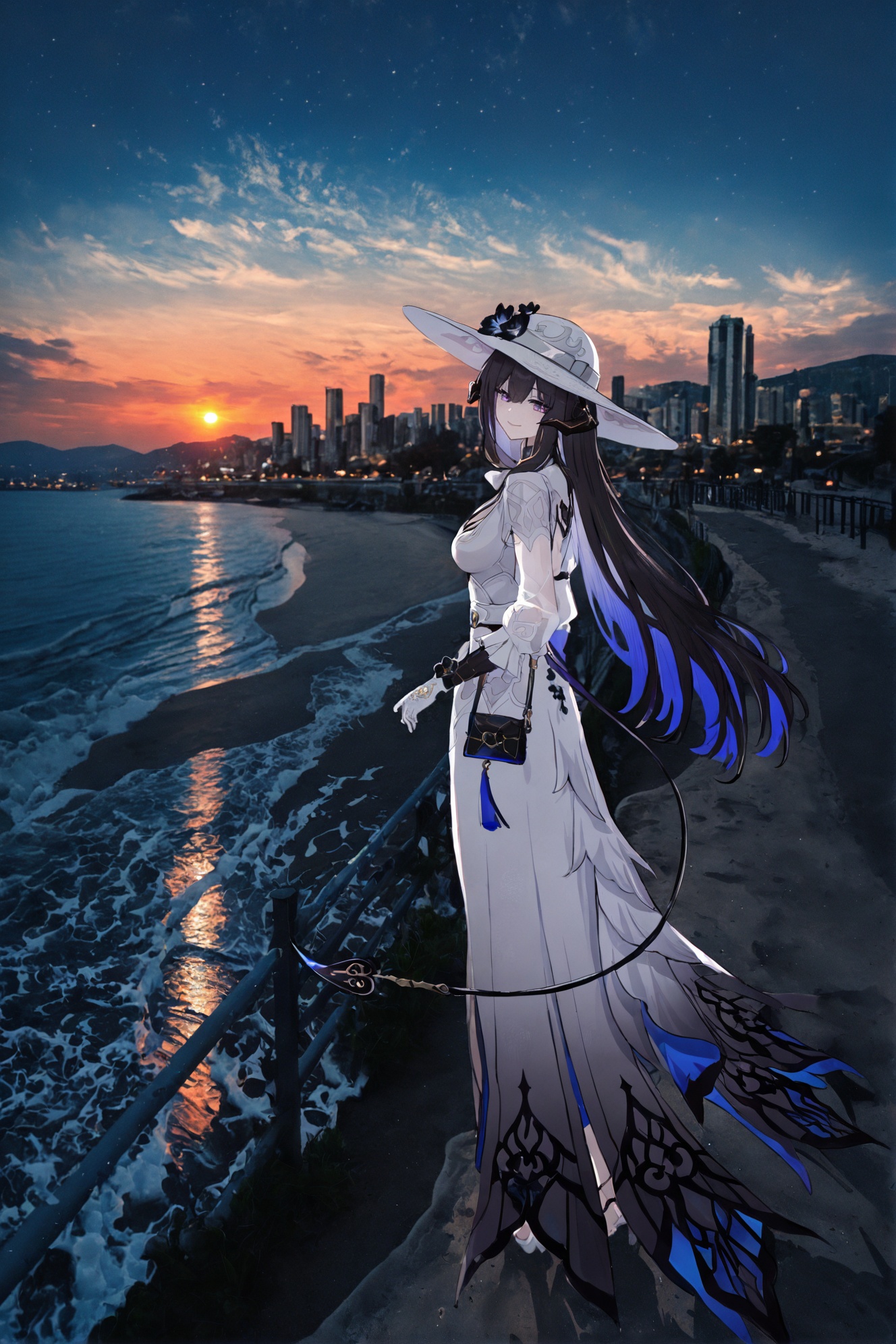 masterpiece,best quality,1girl,<lora:Constance-will-Tanger:0.8>,Constance \(Honkai: Star Rail\),clothes: dalihuadef white-and-blue dress,black Succubus horns,1girl,hat,breasts,purple eyes,long hair,black hair,mismatched gloves,white headwear,flower,blue hair,bangs,belt,multicolored hair,cleavage,white glove,black glove,tail,sky,outdoors,water,standing,city,bangs,night,cloud,cityscape,sunset,looking back,building,city lights,mountain,ocean,smile,letterboxed,full body,walking,skyline,beach,twilight,evening,road,night sky,from behind,looking at viewer,scenery,shore,skyscraper,shadow,star \(sky\),horizon,river,reflection,orange sky,town,mountainous horizon,looking to the side,sparkle,blush,shoulder bag,gradient sky,blue sky,sand,see-through,tree,<lora:绪儿厚涂构图光影质感增强V3:0.3>,XUER guangying,<lora:2dRealPhoto_Background:0.3>,2dReal,((photo background, film grain)),dark,blurry background,depth of field,impressionism,<lora:add-detail-xl:0.3>,<lora:lightingSlider:-0.3>,detailed,<lora:noobai_vpred_1_masterpieces_v23:0.3>,nyaqiq,<lora:mon_monmon2133:0.3>,<lora:illustrious_masterpieces_v3:0.3>,