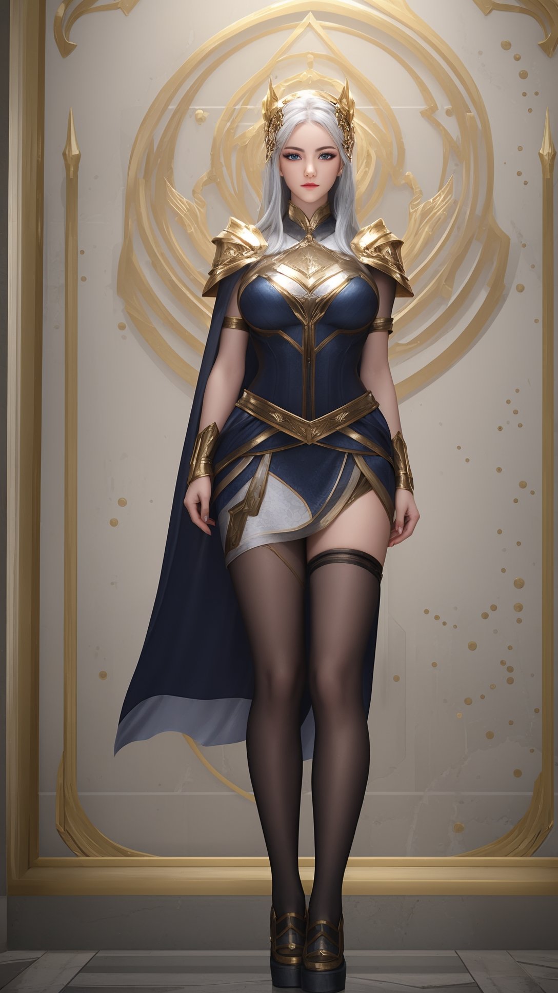 (1girl),smooth chin,masterpiece,detailed face,((hair ornament)),top quality,4k,make up,best quality,large breasts,(looking at viewer),long legs,arms behind back,mature female,full body,silver hair,detached sleeves,black and blue mixed jacket,armor,white skirt,(black cape),blue eyes,short pencil skirt,cloak,white legwear,<lora:1王者露娜启示之音_v1.0:0.8>,