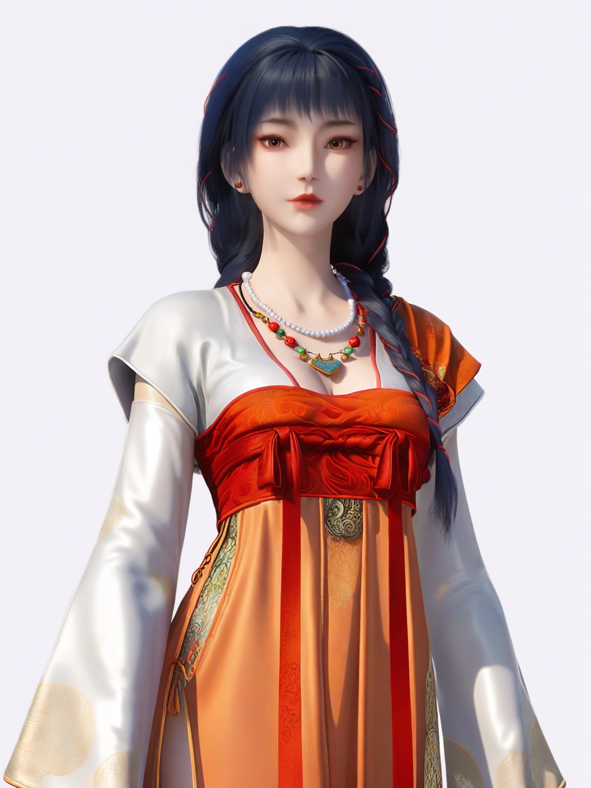 score_9,1girl,solo,long hair,earrings,hair ornament,bangs,eyelashes,large breasts,bead necklace,braid,hair over shoulder,standing,wide sleeves,lipstick,chinese clothes, orange skirt, looking at viewer,white background,simple background,cowboy_shot,<lora:SF_YingGou_Pony_Realism2.3-000004:0.7>,