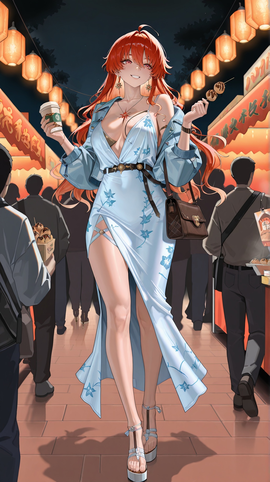 masterpiece,best quality,amazing quality,<lora:augusta-000025:0.8>,1girl,red eyes,red hair,augusta \(wuthering waves\),<lora:20250808-1754650692631:0.8>,zhigan3d,1girl,solo,floral_slip_dress,spaghetti_straps,knee_length_dress,light_blue_denim_jacket (unbuttoned),white_platform_sandals,small_woven_bag,holding_street_food (takoyaki),walking_through_stalls,night_market,colorful_stall_lights,food_stalls,lanterns,crowd (background),warm_glow,summer_night,holding_paper_cup (drink),smiling_expression,