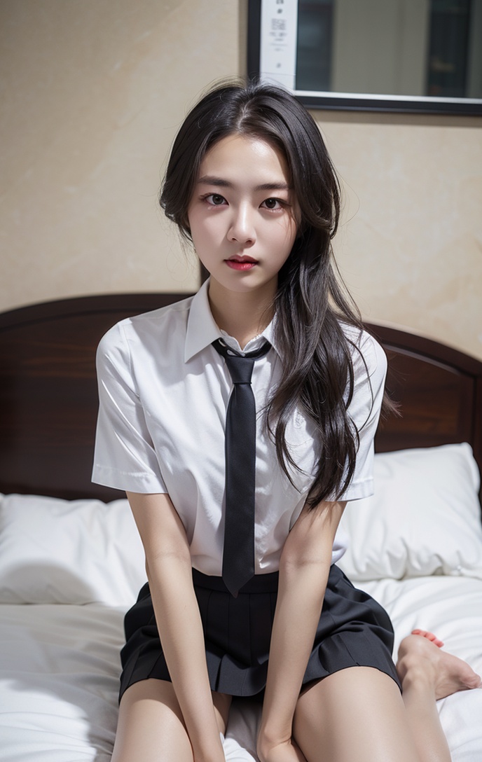 1girl,black pleated skirt,white shirt,necktie,outdoors,hands on wait,white legwear,very sexy,lying on the bed,<lora:腿:0.7,,