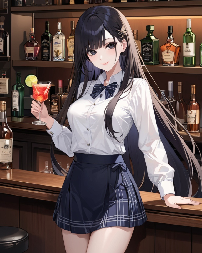 (best quality), ((masterpiece)), (highres), illustration, original, extremely detailed,<lora:SNGame Character XL:0.7> 1girl, solo, long hair, black hair, bartender, looking at viewer, cup, smile, bottle, drinking glass, bow, bar \(place\), skirt, bowtie, shirt, alcohol, pale skin, long sleeves, cocktail glass, white shirt, black eyes, very long hair, bangs