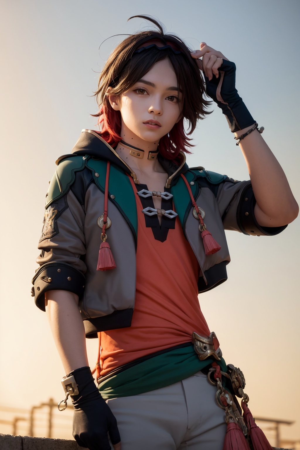 masterpiece, best quality,  <lora:gaming:1>,1boy, male focus, ahoge,multicolored hair, brown hair, short hair, hairband, brown eyes, choker, jewelry, hood, hood down, red shirt,black jacket, short sleeves,grey pants,tassel,fingerless gloves,