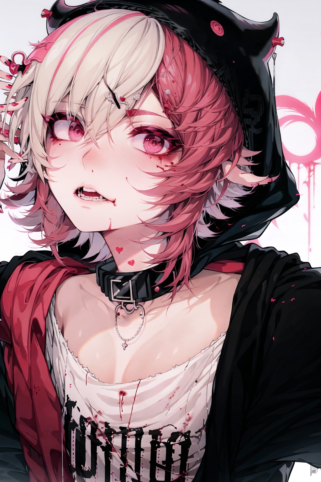 1boy, bangs, black nails, blood, blood from mouth, blood on clothes, blood on face, collar, collarbone, fingerless gloves, hair ornament, hairclip, heart, hood, hoodie, looking at viewer, male focus, nail polish, pink eyes, pink hair, red nails, solo, x hair ornament <lora:mazav1C:0.8>