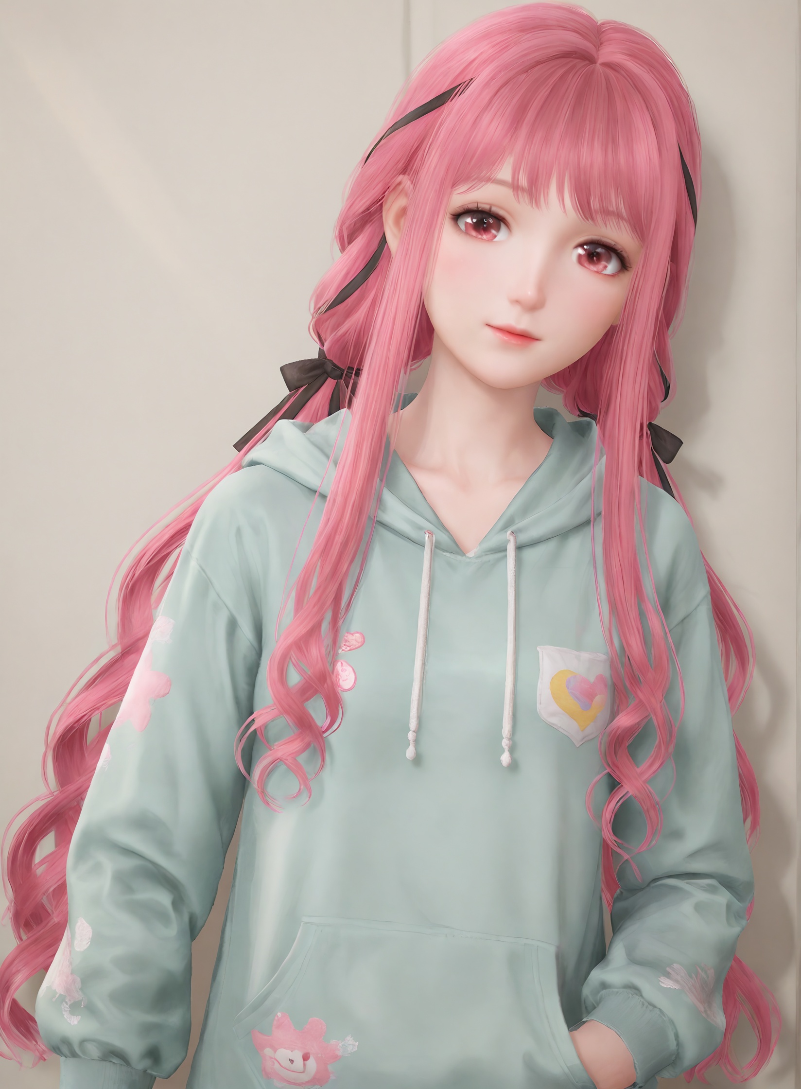 <lora:暖暖pony a:0.5>,realistic,mature female, wavy hair,hair ribbon,nikki_(nikki),twintails, pink hair,very long hair,