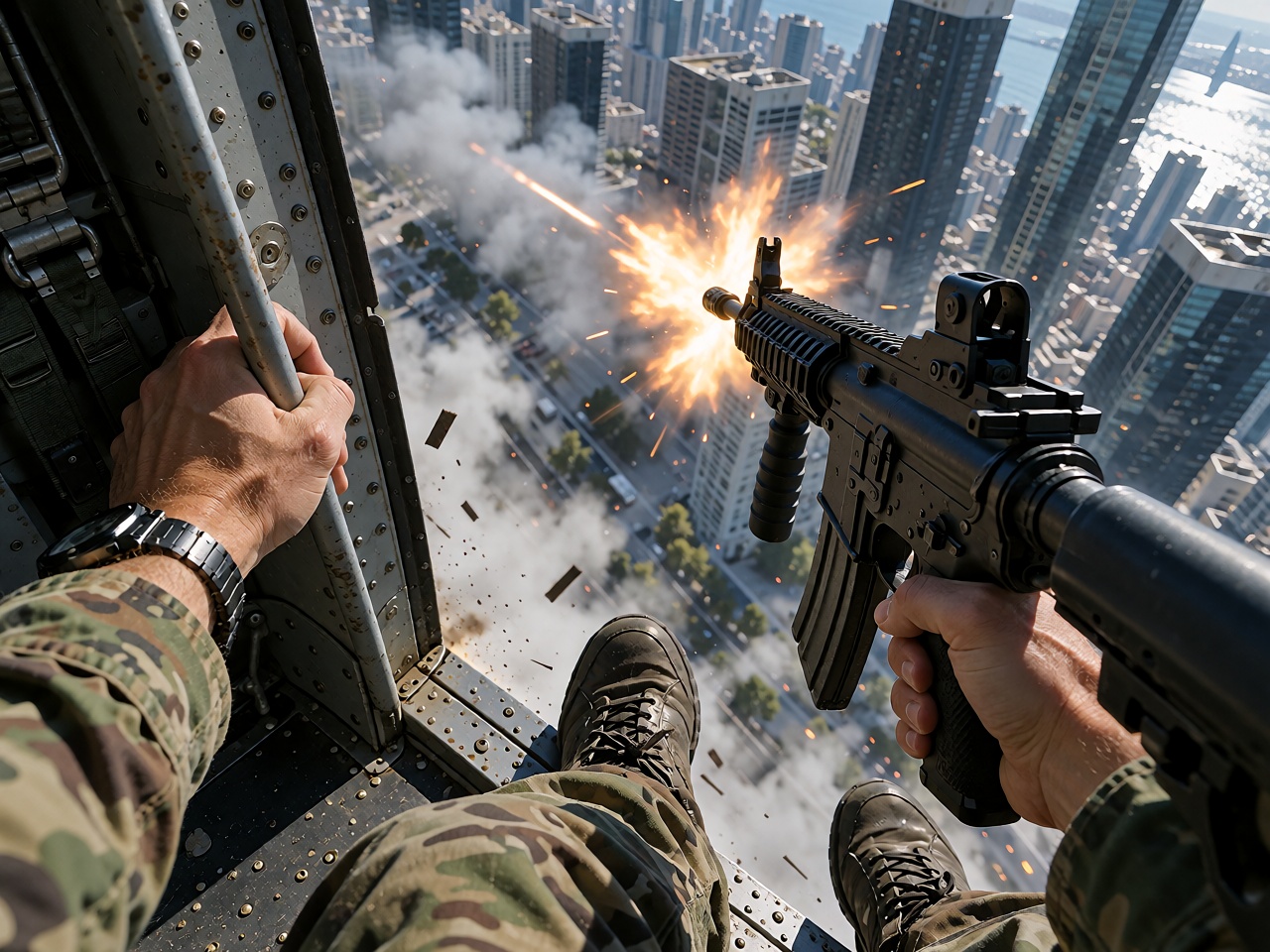 POV hanging from the open side of a helicopter,  both hands visible,  left hand gripping a metal support bar while the rig...