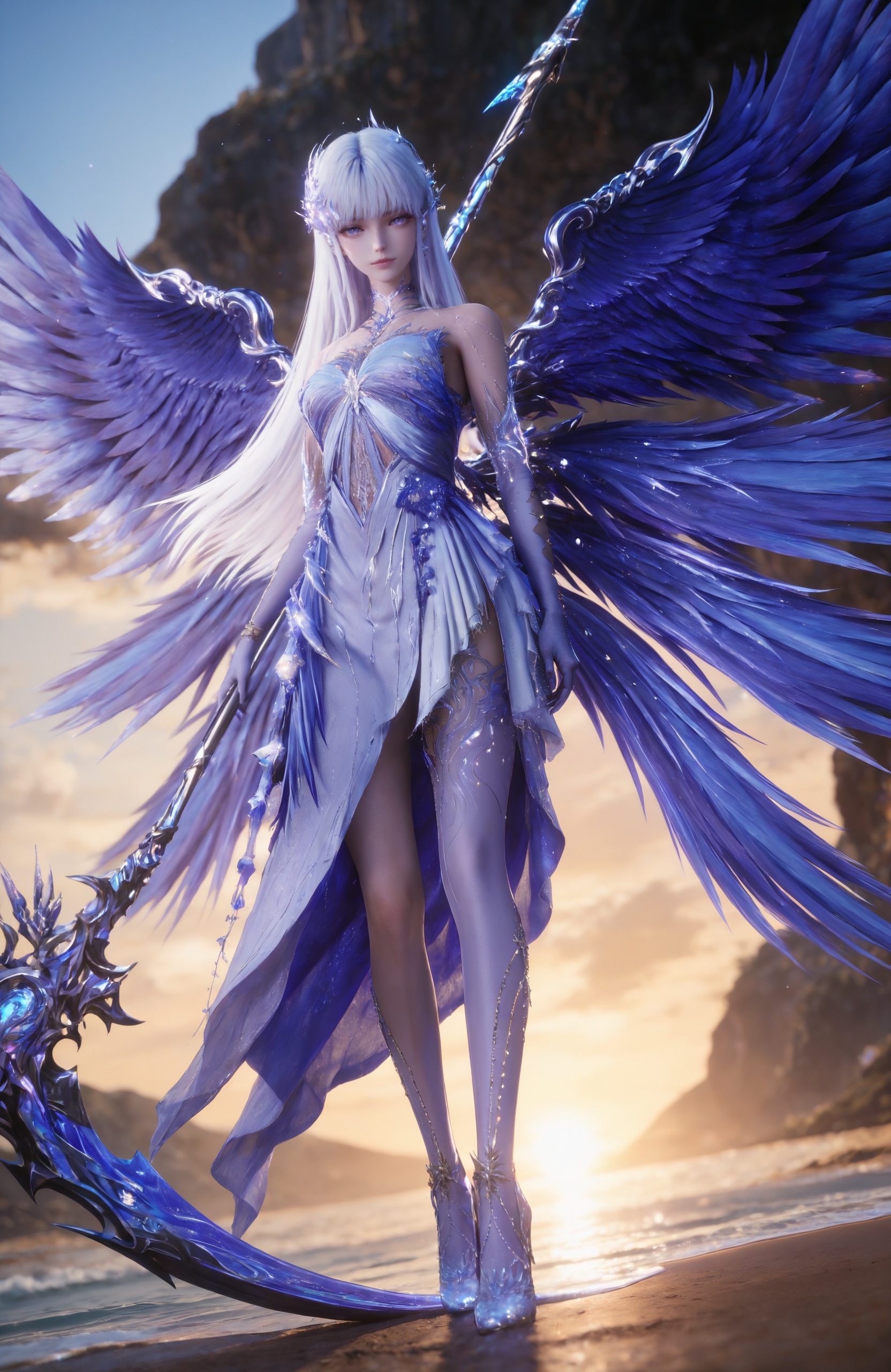 <lora:神印王座-圣采儿-死神IL:0.8>  1girl, long hair, hair ornament, white hair, jewelry, bare shoulders, elbow gloves, dress,  white dress, stairs,thighhighs,asymmetrical legwear,holding,full body, weapon, wings, holding weapon, feathered wings, floating, angel wings, scythe, pillar, multiple wings, holding scythe, realistic style photo,outstanding style,Use soft lighting to cast gentle shadows on the subject,adding a touch of dimension to your images without compromising details,whirls of vapor,(Anime:1.1),soft neon light,ethereal ambiance,delicate details,magical atmosphere,concept art,highly detailed,ultra-high resolution,32K UHD,sharp focus,best-quality,masterpiece,golden hour,unconventional supreme masterpiece,masterful details,temperate atmosphere,with a high-end texture,in the style of fashion photography,magazine style,Dynamic Angle,Dynamic posture,magazine style,Dynamic Angle,Dynamic posture,(cowboy_shot:1.2),eye trail,depth of field,cinematic lighting,lens flare,close-up,extreme aesthetic,(wlop:0.6),(honjou raita,lack,rella,wanke:0.5),masterpiece,best quality,good quality,newest,year 2025,very aesthetic,absurdres,Visual impact,A shot with tension,ultra-high resolution,32K UHD,sharp focus,best-quality,masterpiece,Emotionalization,unconventional supreme masterpiece,masterful details,temperate atmosphere,with a high-end texture,in the style of fashion photography,(Visual impact:1.2),giving the poster a dynamic and visually striking appearance,, standing,Seaside,beach,waves,full body,
