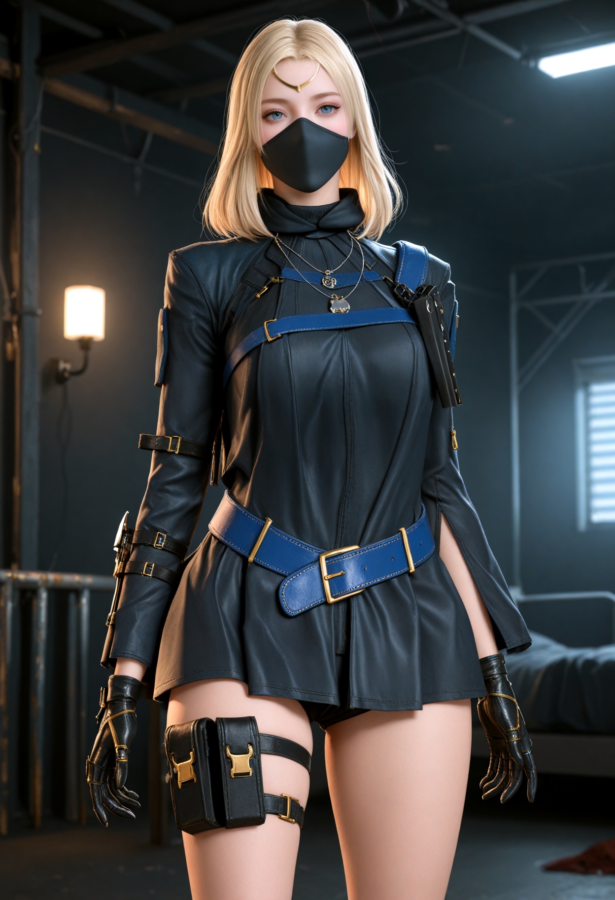 (upper_body:1.1),(gigantic breasts:0.6),(slender:1.3),(looking_at_viewer:1.1),(masterpiece:1.1),(best quality:1.2),(intricate details),(smog:1.3),(Dark room:1.3),(dim lighting:1.3),<lora:YQ_Illustrious光辉v5_葵_保卫者_V1:0.8>,q1528437228,1girl,solo,blonde hair,holster,gloves,thigh strap,mouth mask,belt,boots,long hair,black footwear,black gloves,thigh holster,high heels,high heel boots,holstered,dress,necklace,blue eyes,jacket,ankle boots,shorts,short dress,medium hair,short shorts,black shorts,long sleeves,black mask,black dress,legs,skirt,masterpiece,(best quality),(intricate details:0.9) BREAK (intricate details:0.9),(realistic skin:1.2),masterpiece,best quality,newest,absurdres,hiahres,