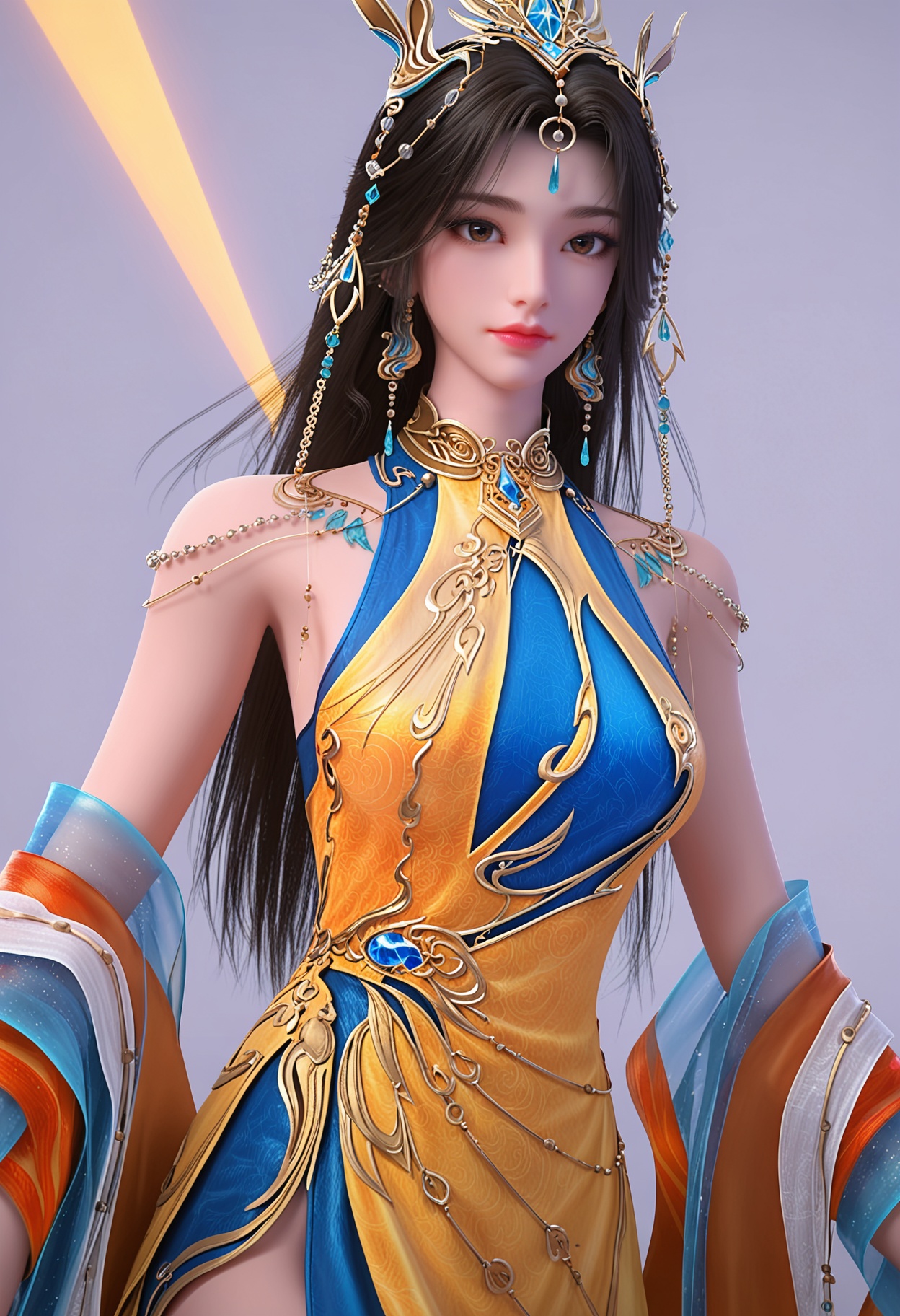 score_9,high detail,best quality,cinematic lighting,volumetric lighting,shiny skin,shiny,huangnv,1girl,solo,brown eyes,long hair,black hair,hair ornament,white background,jewelry,dress,simple background,earrings,bare shoulders,closed mouth,forehead jewel,blue dress,chinese clothes,realistic,expressionless,shawl,looking at viewer,thighs,<lora:Pony_DetailV2.0:0.8>,<lora:皮肤凹痕:0.1>,<lora:QQSponyhuangnvV1:0.8>,