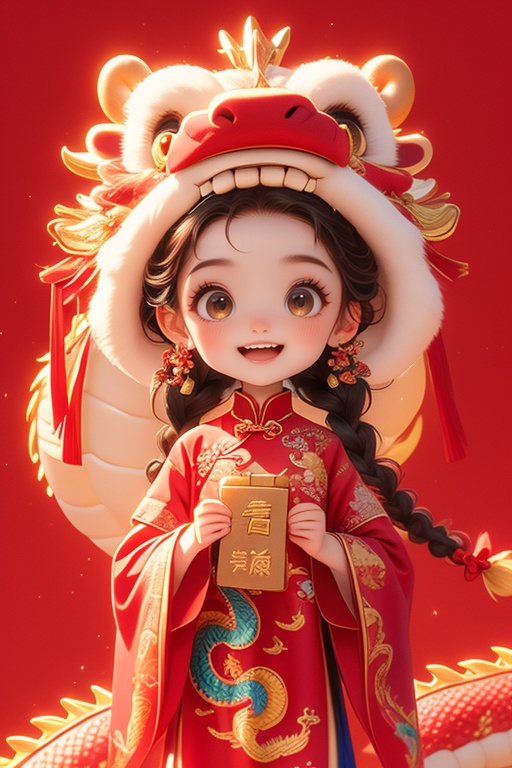 (masterpiece, top quality, best quality, official art, beautiful and aesthetic:1.2),guzhuang, 1girl, chibi face, cute, eastern dragon, dragon, red background, smile, coin, braid, chinese new year, open mouth, hair ornament, solo, looking at viewer, twin braids, chinese clothes, long hair, long sleeves, holding, blush, wide sleeves, brown eyes, :d, teeth, chinese zodiac, black hair, ribbon, hair flower, red dress, flower, hair ribbon