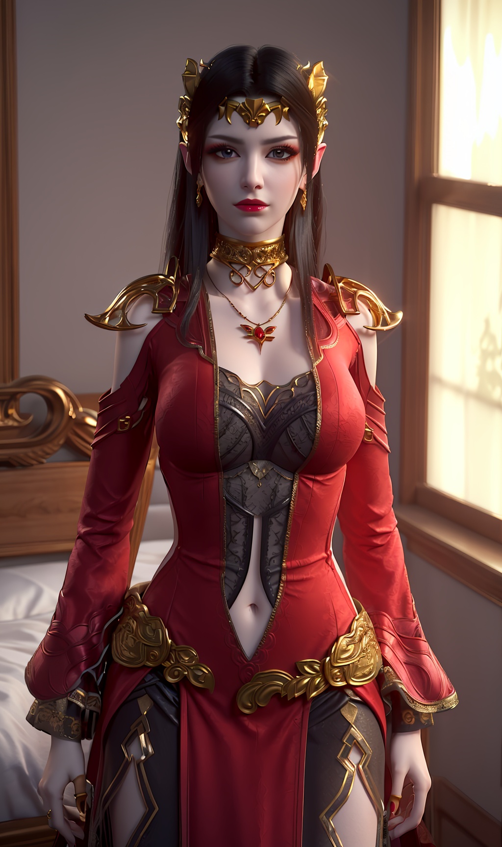 3D,masterpiece,(best quality),(makeup),official art, extremely detailed cg 8k wallpaper,((crystalstexture skin)), (extremely delicate and beautiful),(highly detailed),(face),headpiece,(collar),(tiara),(gold_trim),(shoulder_armor),(long_sleeves),(1girl), (solo), (jewelry), (earrings),(black_hair),(long_hair),(hair_ornament),(handwear),(breasts),(standing),((upper_body)),(dress),(short_skirt),(multicolored_clothes),(multicolored_dress),(shiny_clothes),(city,indoor,bed),(sash),(navel),,((looking_at_viewer)),((Facing the camera)),, <lora:hipoly3DModelLora_v10:0.3>