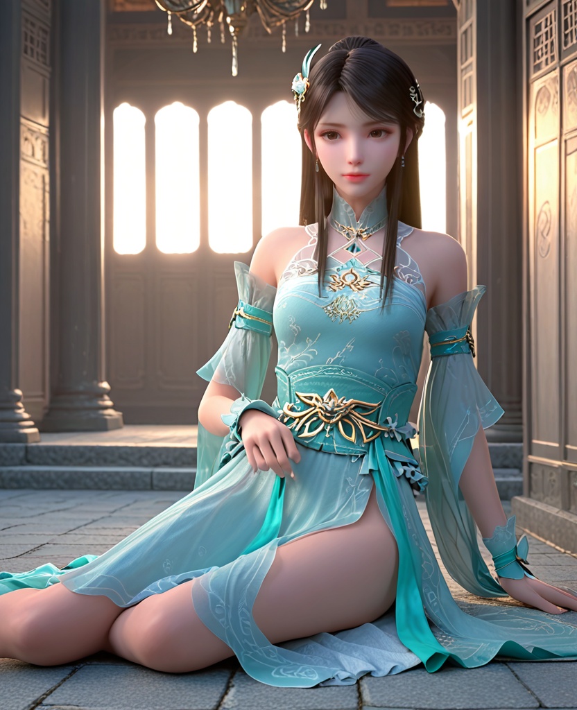 (oriental architecture, elegant decor, sophisticated style:1.1),(Sitting on the floor with legs crossed, looking to the side,:1.1),(breasts:1.2),<lora:XL斗破苍穹箫薰儿绿衣:0.95>,miss xuner,aqua dress,see-through fart curtain with white petticoat underneath,brown eyes,black hair,long hair,sash,hair ornament,detached see-through sleeves,earrings,jewelry,bare shoulders,wrist cuffs,, score_9,score_8_up,score_7_up,score_6_up,score_5_up,score_4_up,3d rendering,tag1,tag2, Cinematic Lighting,backlighting,