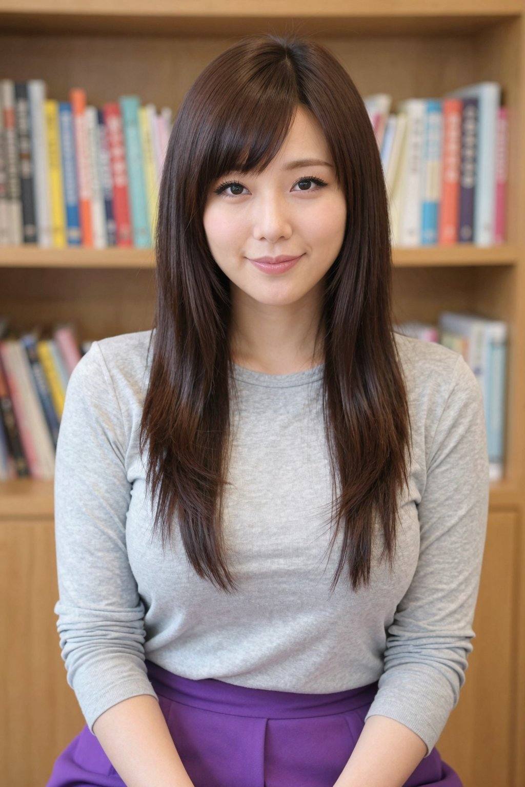 This photograph features an East Asian woman with long, straight, dark brown hair and bangs, wearing a light grey long-sleeve shirt and a purple skirt. She has a fair complexion, almond-shaped eyes with black eyeliner, and a subtle smile. She is seated, Background with a bookshelf filled with colorful books in the background. The setting appears to be a cozy, well-lit room. <lora:20260107_TinZ-ImageYoungGirlLora6:0>