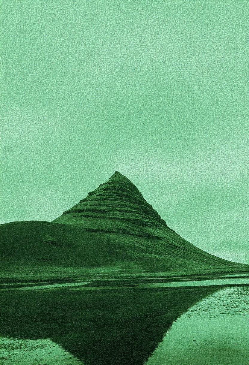 The image is a monochromatic photograph of a striking,  rugged landscape featuring a prominent,  pyramid-shaped mountain o...