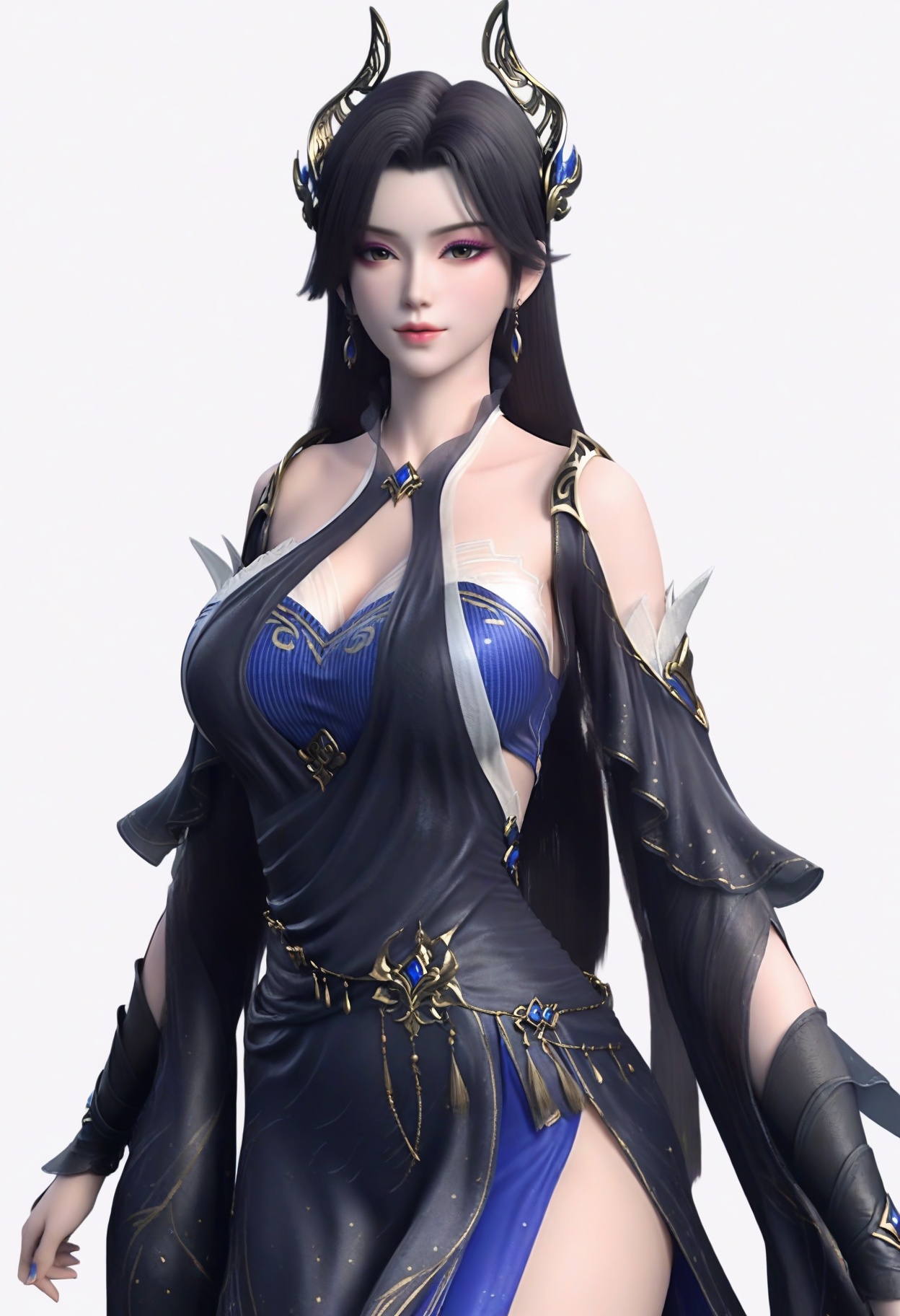 score_9,<lora:SF_CaoYing_Pony_Realism2.3-000004:0.7>,hair ornament,black hair,dress,long hair,eyeshadow,1girl,breasts,large breasts,dress,detached sleeves,solo,looking at viewer,white background,simple background,