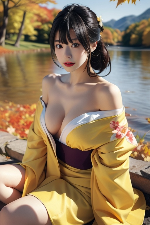 ultra-detailed,highly detailed,best quality,masterpiece,illustration,realistic,1girl,  solo, black hair, very long hair,  bangs, removing kimono,japanese clothes, kimono,yellow kimono, floral print, nipples, breasts,looking at viewer, outdoors, nature, lake,autumn,autumn leaves, sitting, off shoulder, <lora:removing kimono_v1_02:0.5> <lora:fashionGirl_v52:0.7>