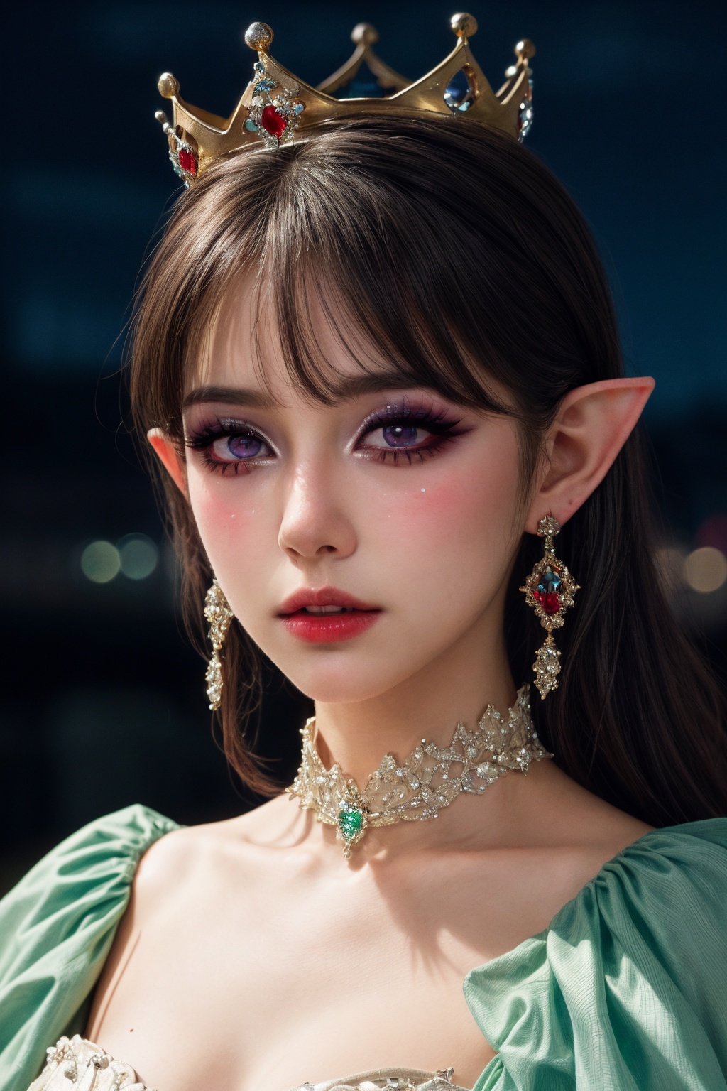 masterpiece,best quality,realistic,highres,Highly detailed,blurry background,1girl,((portrait)),close-up,bangs,elf,elf ear,crystal earrings,((crown)),crystal crown,black dress,corset,red_bow,collar,<lora:add_more_details:0.5>,<lora:暗夜精灵1.0_v1:0.8>,((night)),fluorescent plant,neon lights,