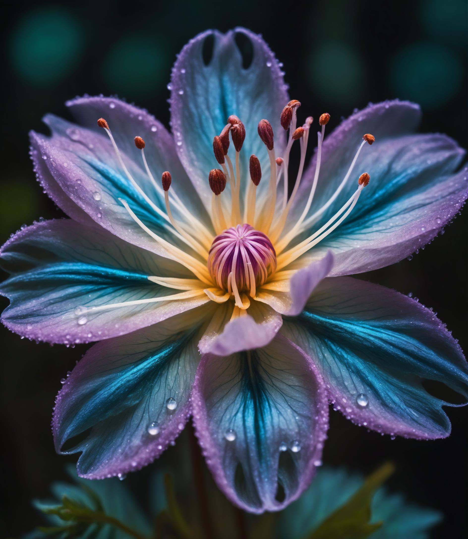 (macro photo),  a flower with a ethereal complex colors,  a mesmerizing bioluminescent forest on Tensor.Art