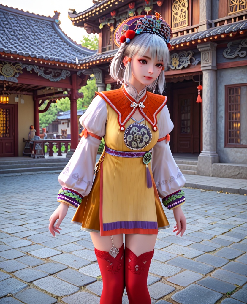 (oriental architecture, elegant decor, sophisticated style:1.1),(Standing, hands on knees, looking forward,:1.1),(breasts:1.2),<lora:XL少年白马小白:0.95>,miss xiaobai,yellow short dress,brown detachable collar,puffy long sleeves,brown miniskirt,belt,brown eyes,mole under eye,silver hair,bangs,hat,jewelry,red thighhighs,pom pom \(ornament\),, score_9,score_8_up,score_7_up,score_6_up,score_5_up,score_4_up,3d rendering,tag1,tag2, Cinematic Lighting,backlighting,