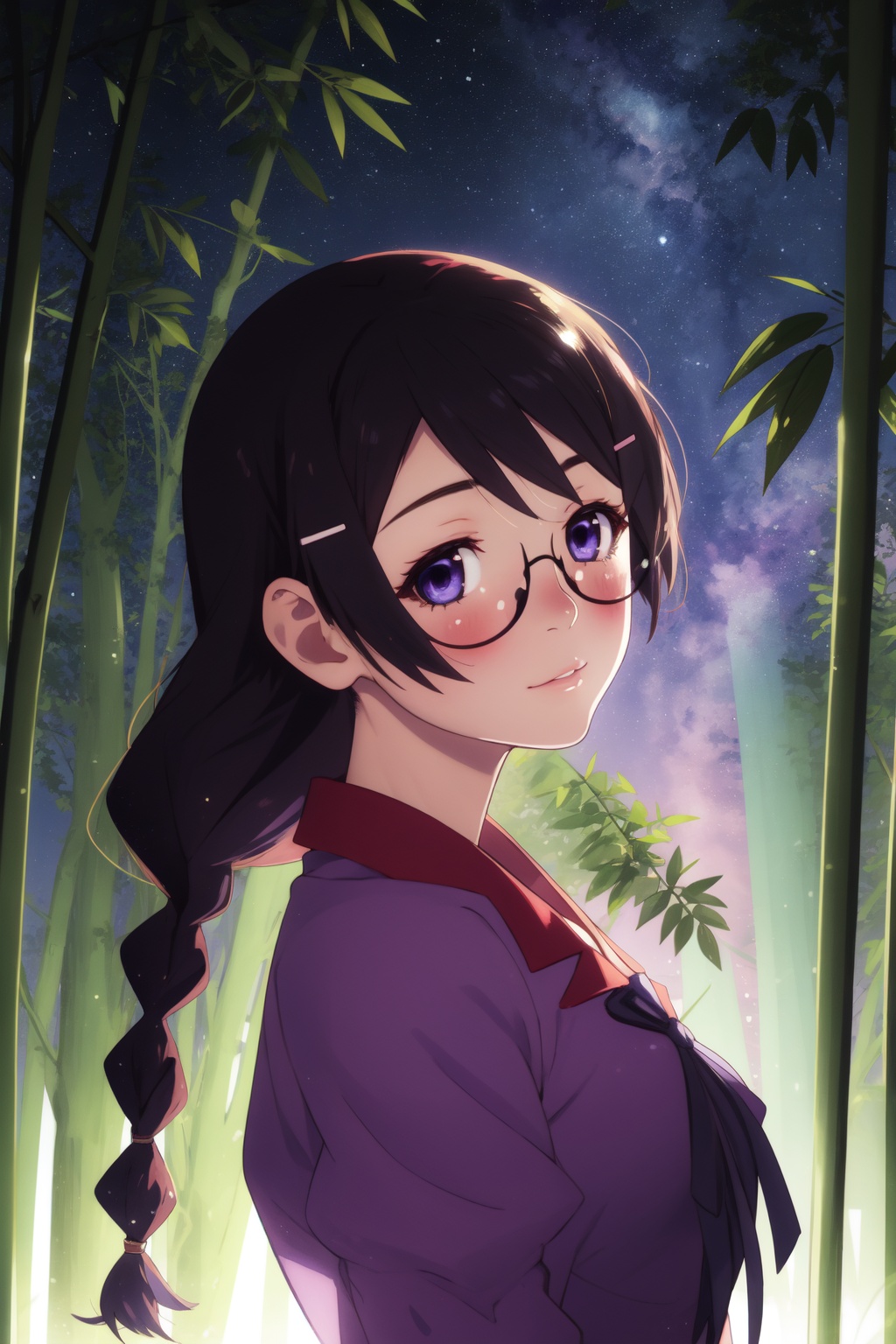 <lora:Tsubasa-000009:0.8>,Tsubasa cyql,1girl,looking at viewer,solo,black hair,long hair,twin braids,hairclip,hair ornament,glasses,school uniform,purple eyes,shirt,puffy sleeves,breasts,pink shirt,blush,Confused, Wide-open eyes, a slightly furrowed brow, and a slightly open mouth.,bust,beautiful face,beautiful eyes,glossy skin,shiny skin,Bamboo, Grove, Breeze, Peaceful, Tranquility, Nature, Serenity, Zen,(Giant sequoias, Moss-covered logs, Ferns, Misty air, Coastal fog, Redwoods:0.6),beautiful detailed sky,beautiful detailed glow,posing in front of a colorful and dynamic background,masterpiece,best quality,beautiful and aesthetic,contrapposto,female focus,wallpaper,fashion,