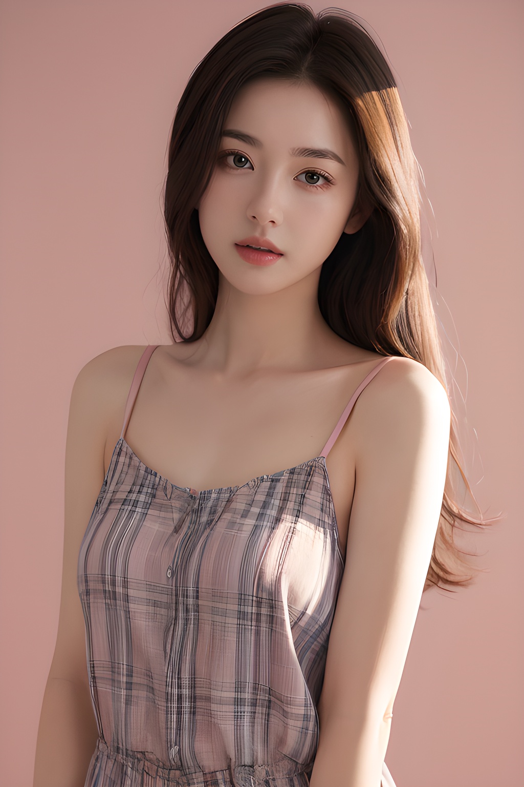 <lora:0817_10:0.35>,simple background,lifted_by_self,camisole,pink_plaid_shirt,, 1girl,realistic,masterpiece, best quality, photorealistic, HDR,detail