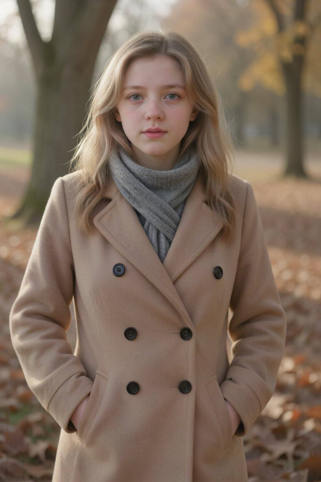 Photograph of a young Caucasian woman with wavy,  shoulder-length blonde hair and fair skin,  standing in an autumnal park...