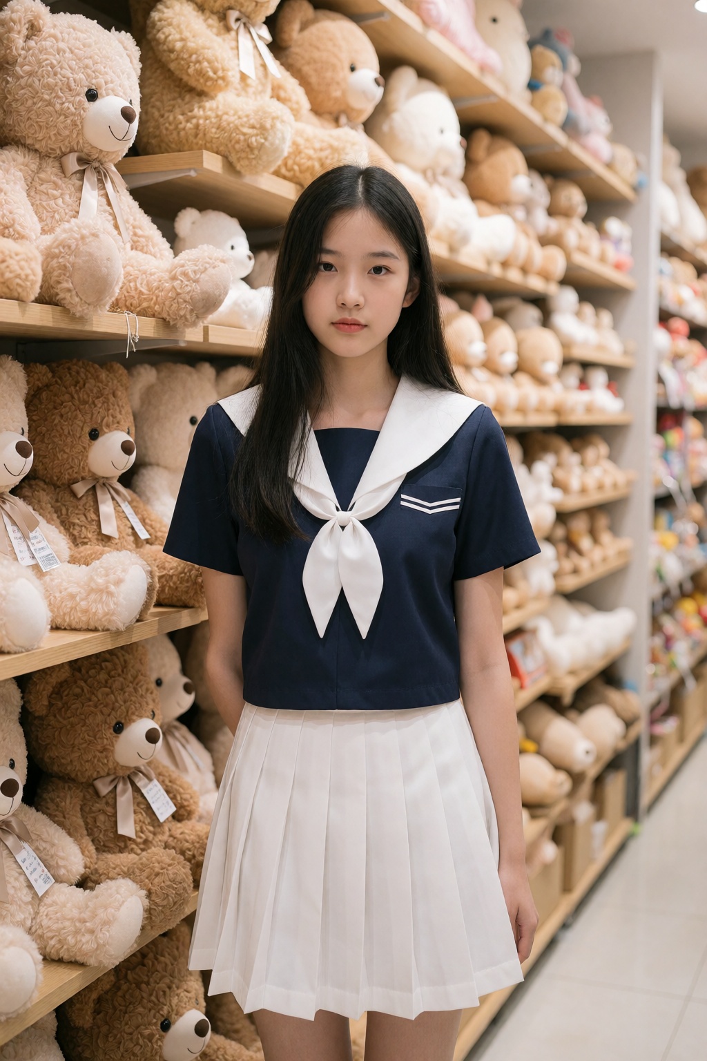 一位留着黑色长发的年轻亚裔女子站在一家玩具店里,  身穿藏蓝色水手服和白色百褶裙。她周围摆满了各种各样的毛绒玩具熊。 on Tensor.Art