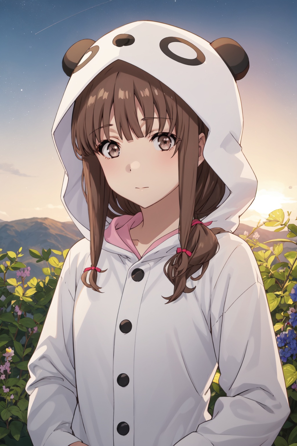 <lora:Kaede-000015:0.8>,Kaede CYQL,1girl,looking at viewer,solo,brown_hair,long_hair,brown_eyes,animal_costume,hood,pajamas,tearing_up,upper_body,Sunset, Vineyard, Grapes, Sky, Colors, Horizon, Serenity, Harvest,(Rose bushes, Trellises, Garden path, Rose fragrance, English elegance, Rose petals:0.5),beautiful detailed sky,beautiful detailed glow,posing in front of a colorful and dynamic background,masterpiece,best quality,beautiful and aesthetic,contrapposto,female focus,wallpaper,