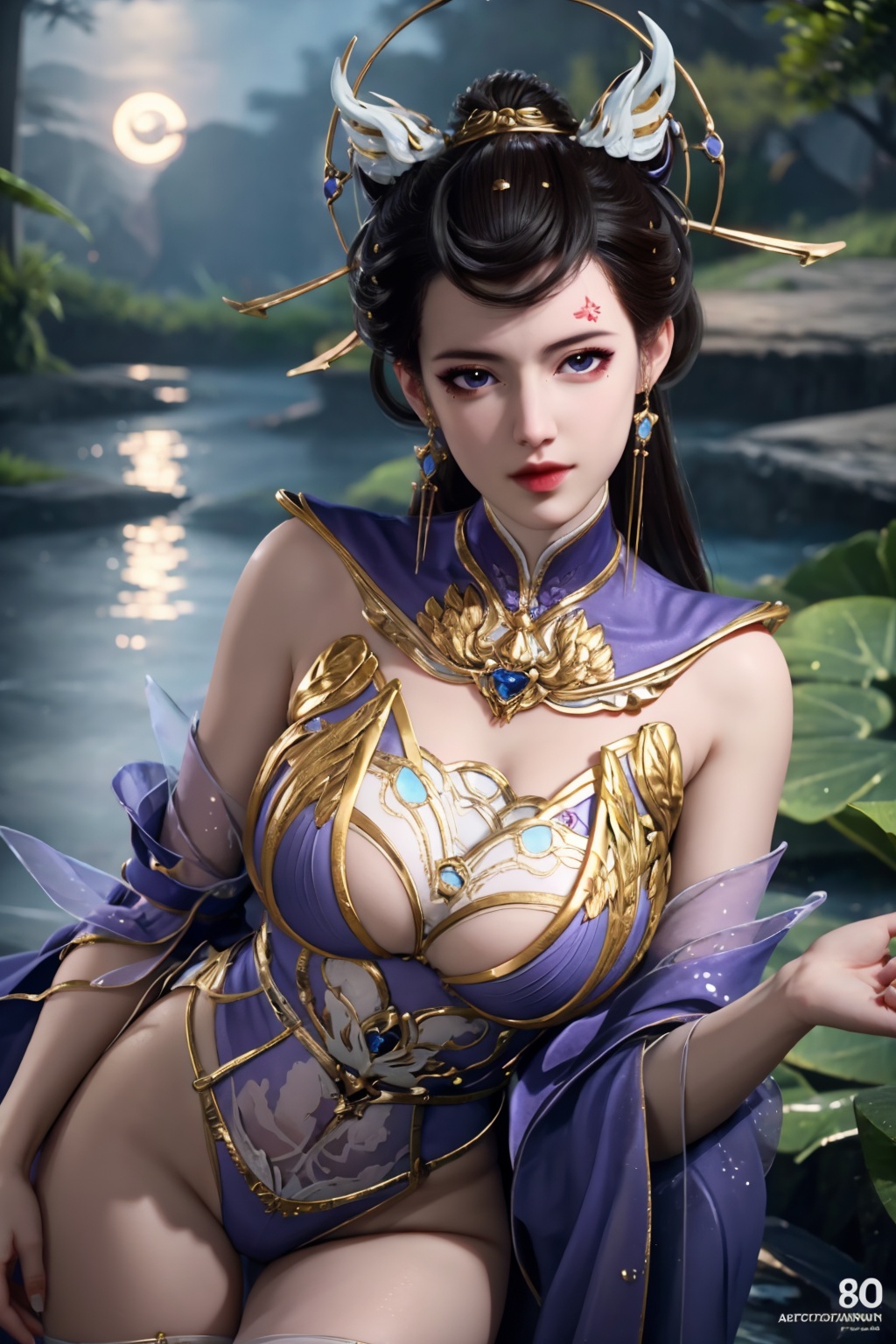 standing,flower,full_moon,moon,night,lily_pad,lotus,moonlight,water,night_sky,lily_\(flower\),sky,partially_submerged,1girl,solo,hair ornament,long hair,realistic,nail polish,photo_\(medium\),(big breasts, cleavage),makeup,(8k, RAW photo, best quality, masterpiece:1.2),(realistic, photorealistic:1.3),ultra-detailed,extremely detailed cg 8k wallpaper,(crystalstexture skin:1.2),extremely delicate and beautiful,(sexy pose:1.2),wearing edgHL,see-through,thighhighs,sexy lingerie,(big breasts:1.2),silk,thin transparent silk,torn pantyhose,