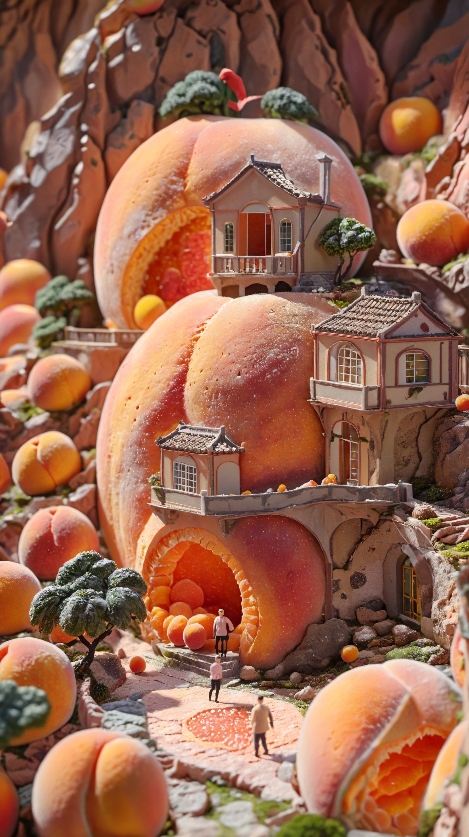 <lora:鼻涕泡_微缩王国_V1.0:1>,highly detailed,ultra-high resolutions,32K UHD,best quality,masterpiece,tao,chi,fruit,food,outdoors,house,A surreal landscape features a giant peach with a miniature house inside,surrounded by rocky terrain and a lone figure observing the scene.,