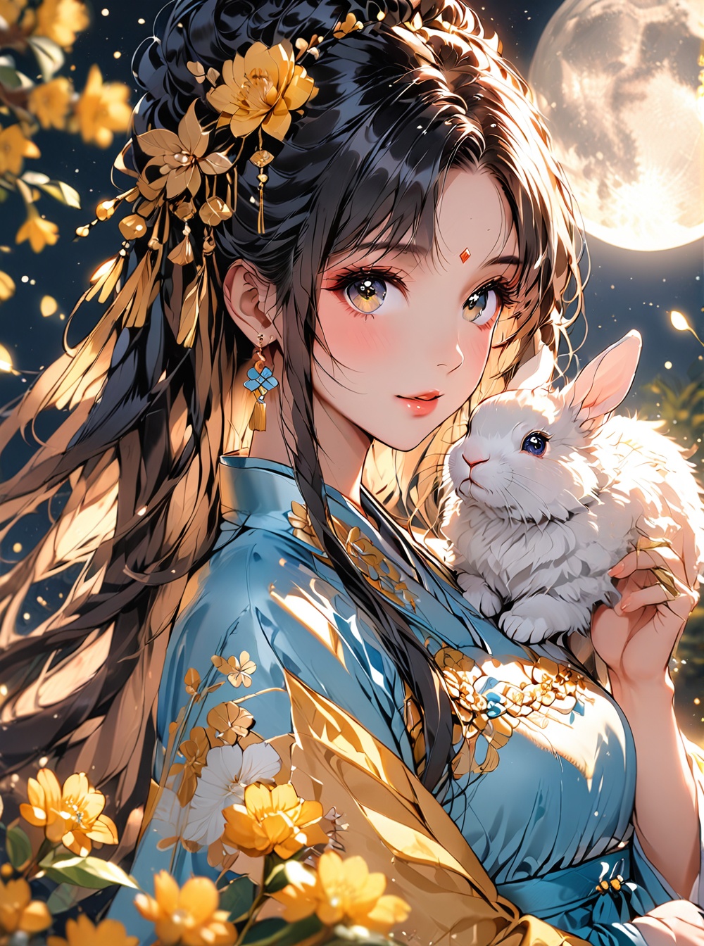 Hanfu,O,1girl,moon,flower,full moon,animal,earrings,rabbit,black hair,jewelry,looking at viewer,solo,hair ornament,smile,wide sleeves,bangs,dress,holding,long sleeves,night,white flower,hair flower,chinese clothes,holding animal,yellow flower,hanfu,animal ear fluff,lips,parted lips,tassel,blurry,black dress,light particles,branch,hands up,upper body,backlighting,parted bangs,blush,long hair,animal on shoulder,fingernails,