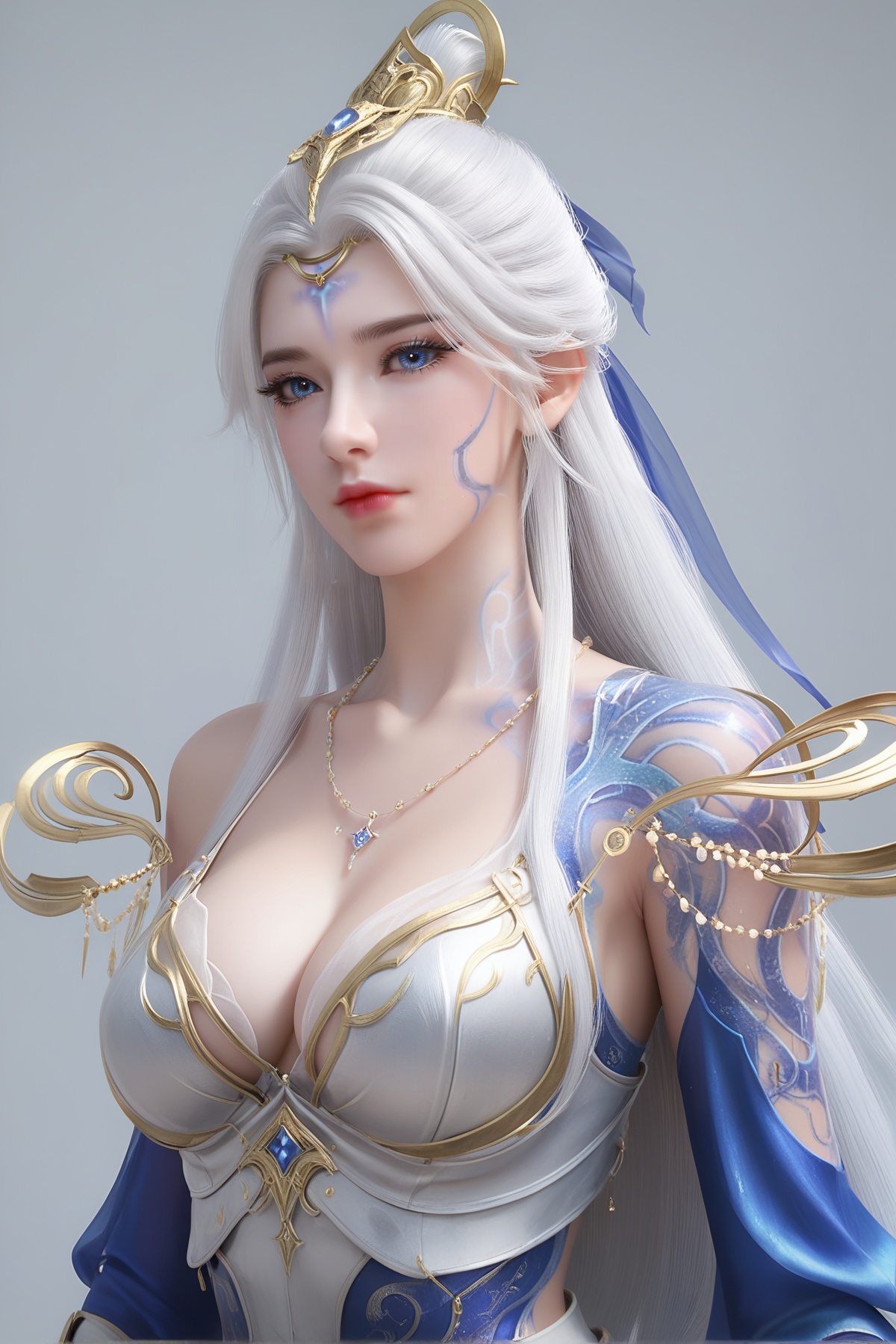 score_9,score_8_up,score_7_up,<lora:wy_moxian_XL7.0:0.8>,1girl,long hair,solo,blue eyes,breasts,jewelry,white hair,armor,dress,necklace,cleavage,large breasts,facial_mark,forehead_mark,arm tattoo,hair_ornament,realistic,simple background,white_background,
