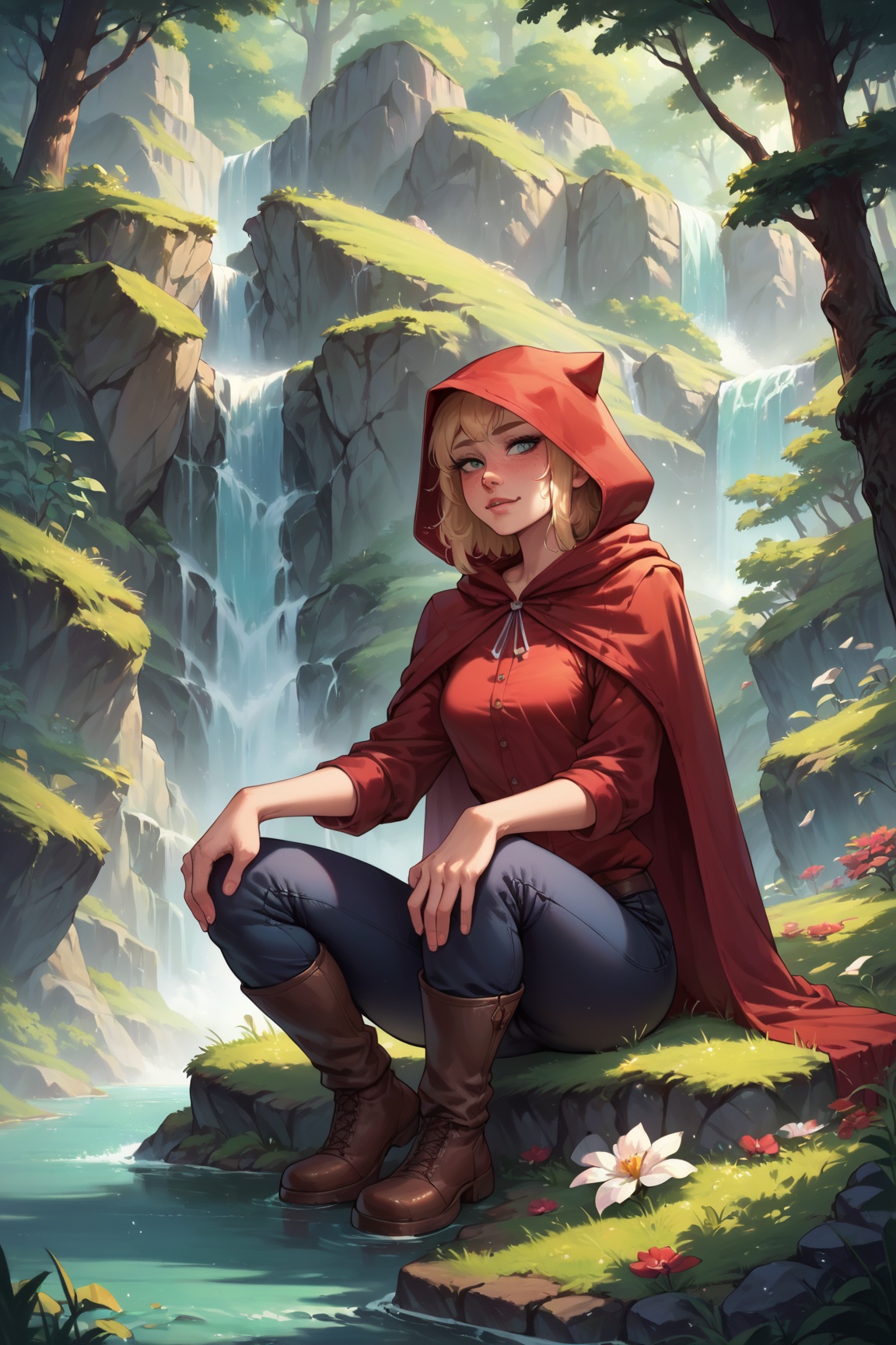 zPDXL2,  dappled sunlight,  little red riding hood in a dark forest sitting on the ground on Tensor.Art