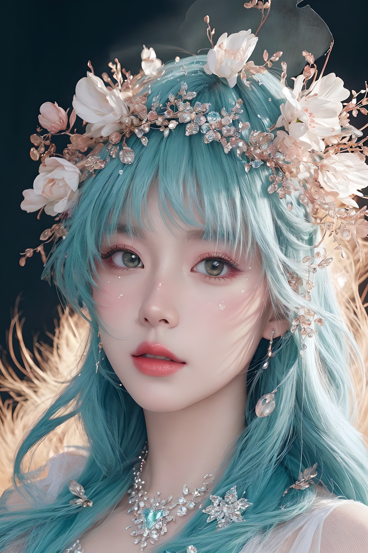 <lora:Fashion_Girl:0.66>green  theme,  snowflakes,  looking at viewer,  portrait,  colorful hair,  jewelry,  close up,  ultra high res,  deep shadow, (best quality,  masterpiece),  dimly lit,  shade, highly detailed,  bold makeup,  flower,  simple background,  depth of field,  film grain,  fashion_girl,  accessories, High detailed, (masterpiece,high quality,best quality),(colorful),(delicate eyes and face),volumatic light,ray tracing,extremely detailed CG unity 8k wallpaper,solo, indoors, palace, lights, window, decorations,(ahoge:1.3),best quality,official art,(((light from the sky))),floating hair,light shines on hair,whultra-detailed,(((extremely detailed cg 8k wallpaper))),(crystalstexture skin:1.4),(extremely delicate and beautiful),(white skin),looking_at_viewer,kinghere fensejiaren,,realistic,