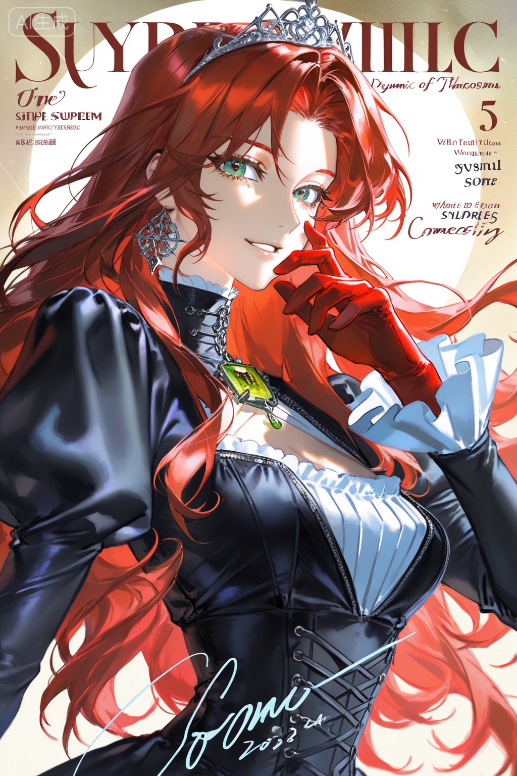 1girl,, solo,, long hair,, looking at viewer,, smile,, bangs,, gloves,, dress,, green eyes,, upper body,, red hair,, parted lips,, puffy sleeves,, black dress,, from side,, hair intakes,, tiara,, hand on own face,, red gloves,, yoneyama mai,hysp,zxww,dynamic_outline,Close-up details,solo,outstanding style,adding a touch of dimension to your images without compromising details,iridescent textures,delicate details,magical atmosphere,concept art,highly detailed,ultra-high resolution,32K UHD,sharp focus,best-quality,masterpiece,golden hour,unconventional supreme masterpiece,masterful details,with a high-end texture,in the style of fashion photography,magazine cover,Dynamic Angle,Dynamic posture,magazine cover,Dynamic Angle,Dynamic posture,(artist:quasarcake:0.8),extreme aesthetic,masterpiece,best quality,good quality,newest,year 2024,year 2023,very aesthetic,absurdres,Visual impact,ultra-high resolution,32K UHD,sharp focus,best-quality,masterpiece,Emotionalization,unconventional supreme masterpiece,masterful details,with a high-end texture,in the style of fashion photography,(Visual impact:1.2),giving the poster a dynamic and visually striking appearance,impactful picture,offcial art,splash of color,movie perspective,masterpiece,best quality,amazing quality,very aesthetic,absurdres,best quality,newest,mature,incredibly absurdres,huge filesize,wallpaper,, Negative prompt: ng_deepnegative_v1_75t,(badhandv4:1.2),EasyNegative,(worst quality:2),,nsfw, Steps: 29, Sampler: Euler a, CFG scale: 7.0, Seed: 3590186163, Size: 1024x1536, Model hash: fe1361c879, Model: illustrious_v20_1.safetensors, Denoising strength: 0.0, RNG: CPU, Lora 1: Art-水仙, Lora Hash 1: c8128555f3, Lora Weight 1: 0.8, vae_name: automatic