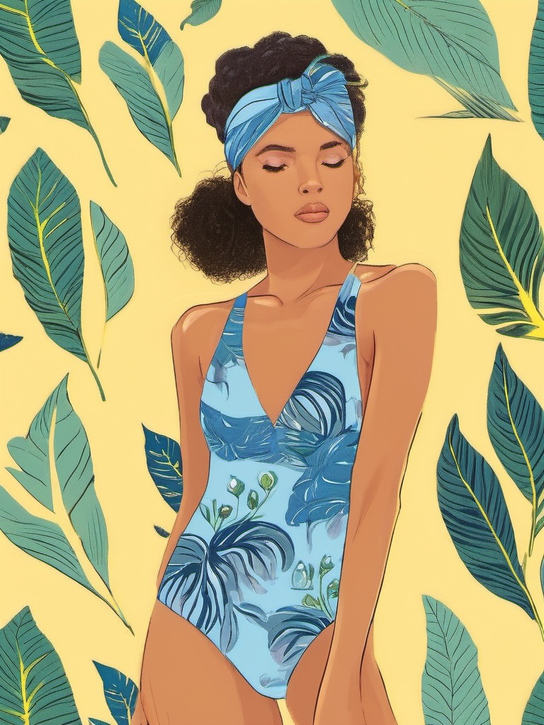 1NK ,  ,  The illustration shows shows a young woman in a blue one-piece swimsuit with a floral pattern. She is standing i...