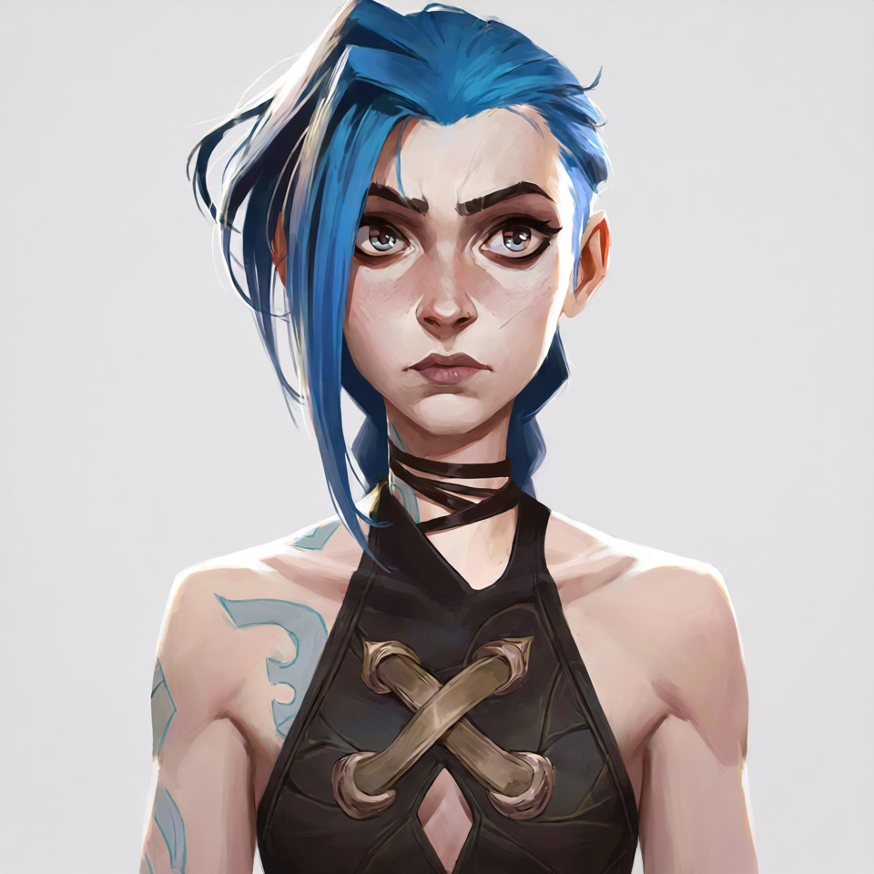 @riot.The image depicts a character with a distinctive and stylized appearance. The character has blue hair styled in a me...