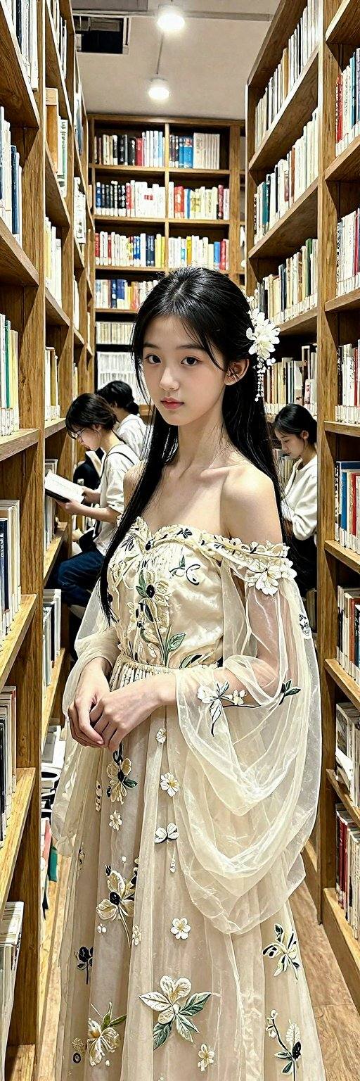 <lora:20260302_TinZITSharpnessSliderLora_v1_000000090:4>, A photograph captures a serene, narrow library aisle lined with wooden bookshelves. A young Asian woman with fair skin, long black hair, and delicate features stands in the foreground. She wears an off-the-shoulder, cream-colored gown with intricate floral embroidery and sheer, flowing sleeves. Her attire and hair adorned with white floral accessories evoke a soft, ethereal aesthetic. The background reveals other patrons, also engaged in reading, adding to the tranquil, scholarly atmosphere. Warm, ambient lighting enhances the cozy, intellectual ambiance of the library.